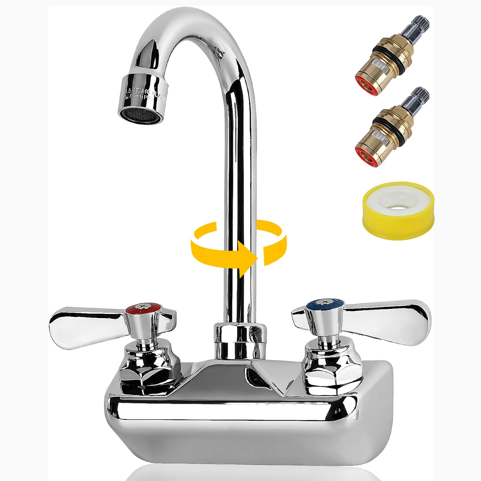 Zkdausdo 4 Inch Center Commercial Sink Faucet Wall Mount Kitchen Hand Sink Faucet, Ceramic Valve, Premium Brass, Chrome Finish, 3-1/2" Gooseneck Spout, Easy-Use Dual Lever