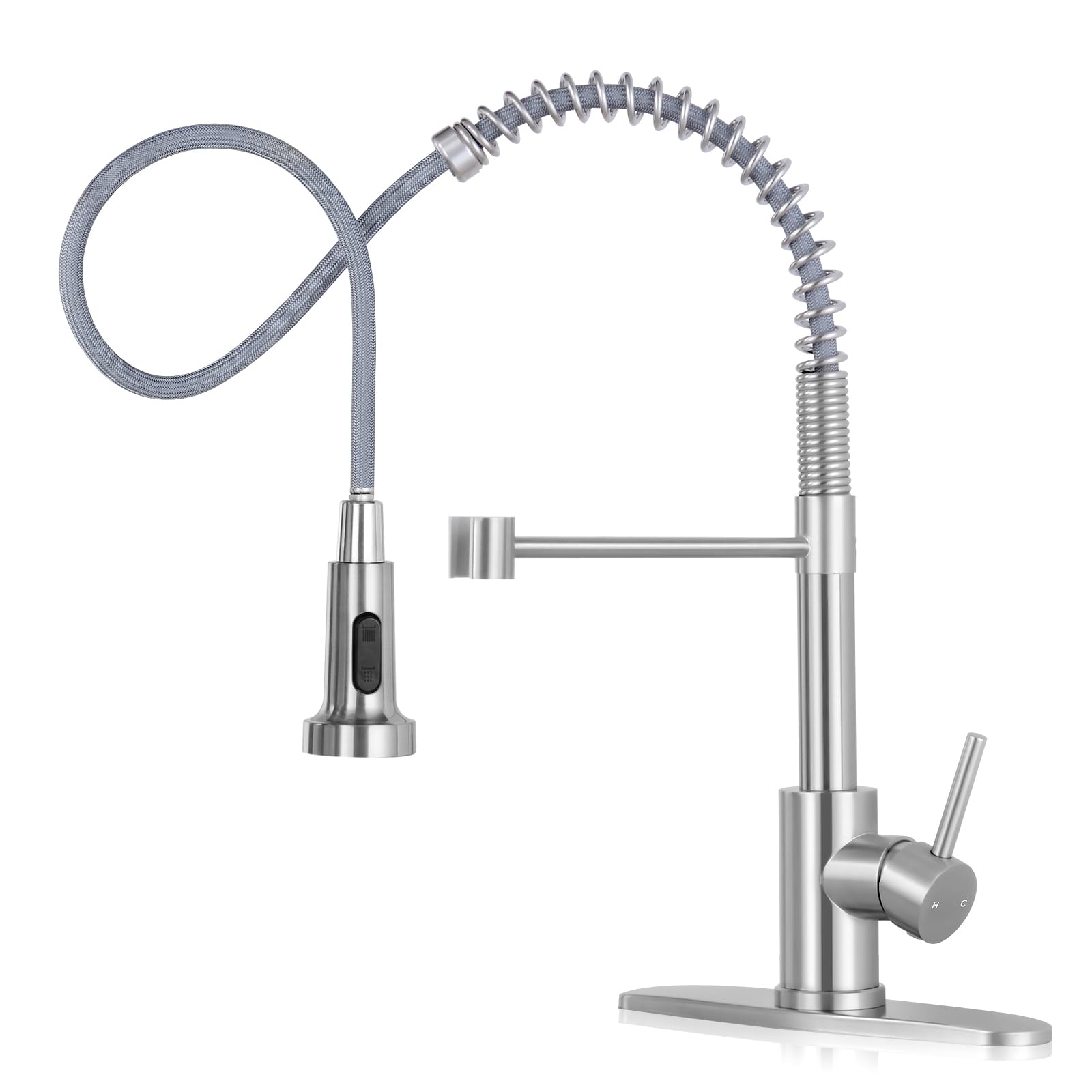 Djs Kitchen Faucets With Pull Down Sprayer Brushed Nickel -Single Handle 1 Or 3 Holes Spring Kitchen Sink Faucet With Deck Plate For Farmhouse Rv Vessel Basin