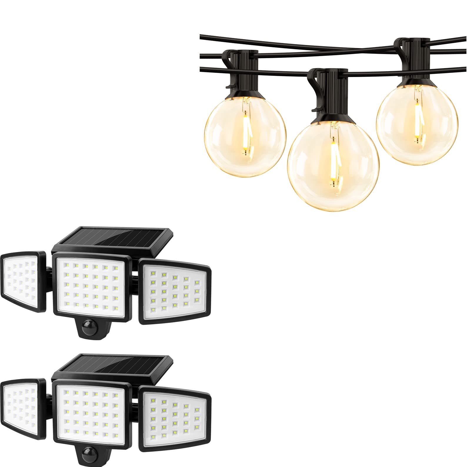 Lepro Bundle - 2 Pack Solar Flood Light 3 Adjustable Heads & 50 Ft Outdoor String Lights 25 Led G40 Edison Bulbs String Lights