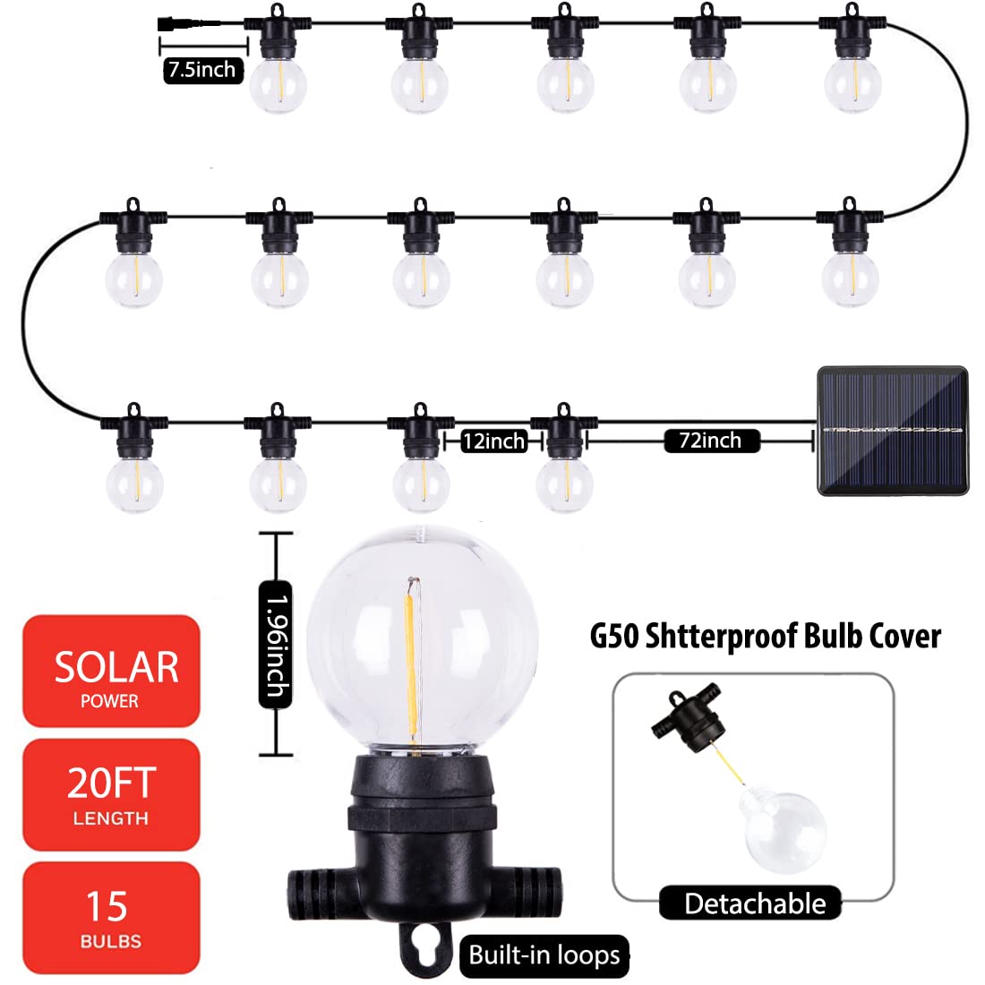 Zhongxin Solar String Lights Outdoor, 20Ft Patio Solar Outdoor Lights With 15 Waterproof & Shatterproof Solar Powered G50 Globe Led Lights Bulbs For Backyard, Porch, Garden, Pool, Party, Camping (G50 Bulb)