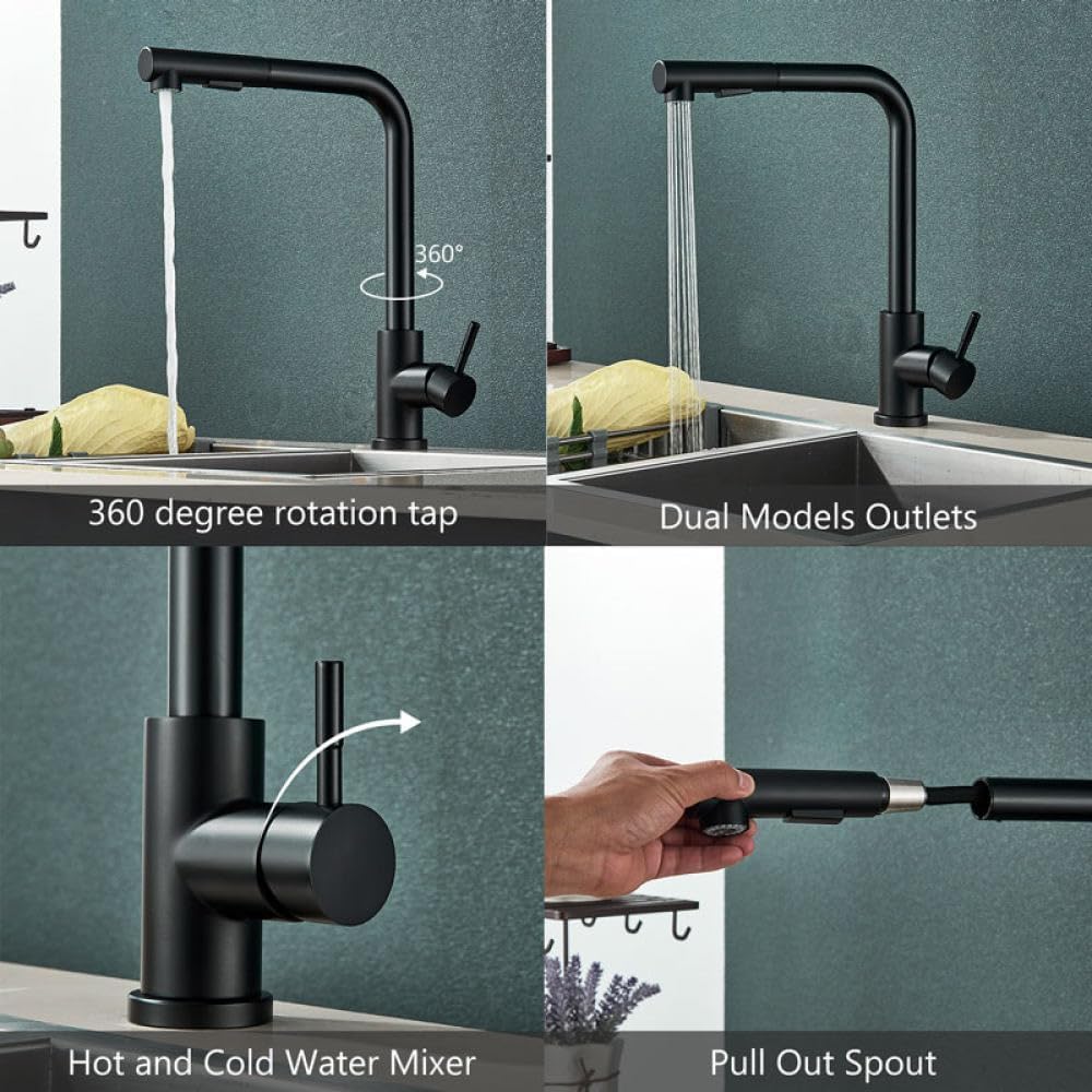 Multiple Options Faucets Kitchen Faucet With Pull Out Sprayer Single Hole Single Handle Commercial Faucet For Bar Sink 2 Outlet Mode Modern 360 Swivel Spout Stainless Steel Utility Laundry Mixer Tap