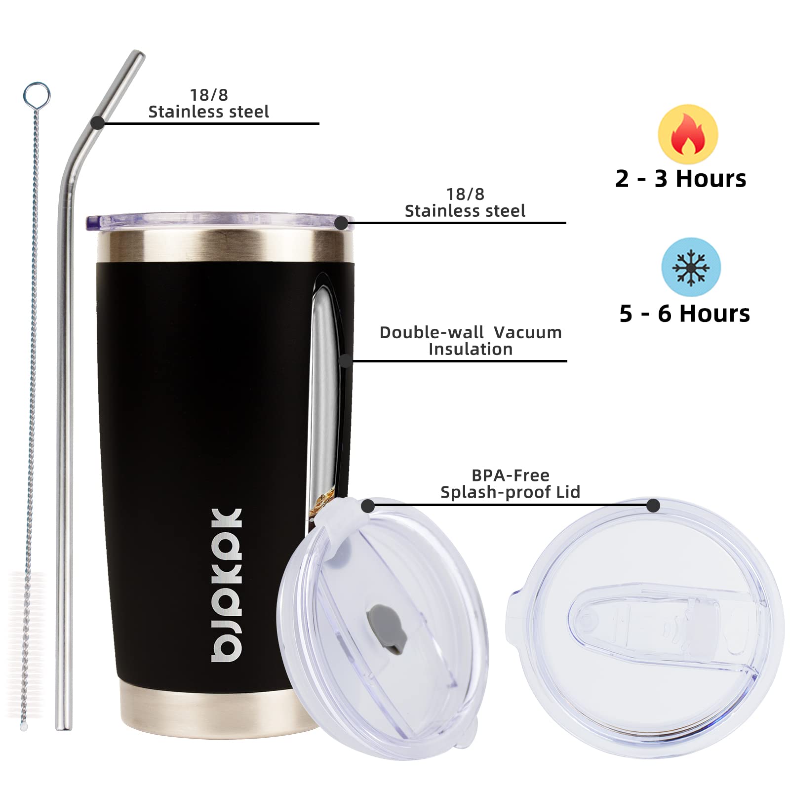 Bjpkpk Black Insulated Tumbler With Lid And Straw 20 Oz Stainless Steel Coffee Tumblers Cup