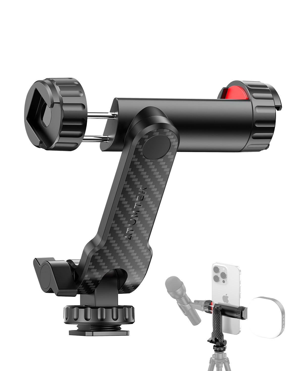 Atumtek Phone Tripod Mount, Universal Smartphone Mount Adapter With 2 Cold Shoe And 1/4" Standard Screw, 360° Rotates And 180° Tilts Adjustable Cell Phone Clamp Holder For Perfect Mobile Photography