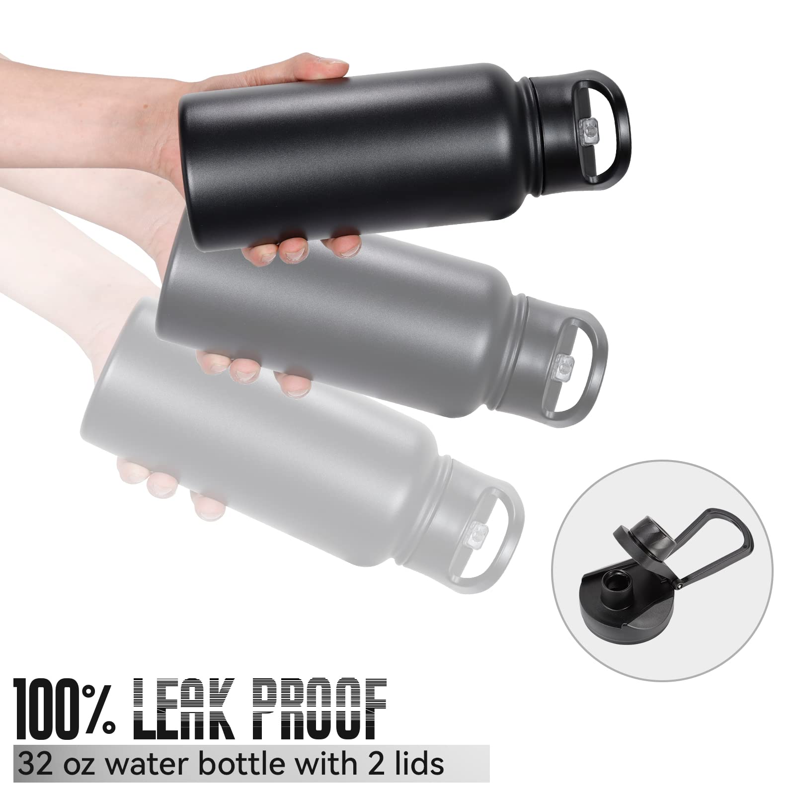 32 Oz Insulated Water Bottle With Straw Lid & Wide Mouth Lids, Stainless Steel Sports Water Bottles