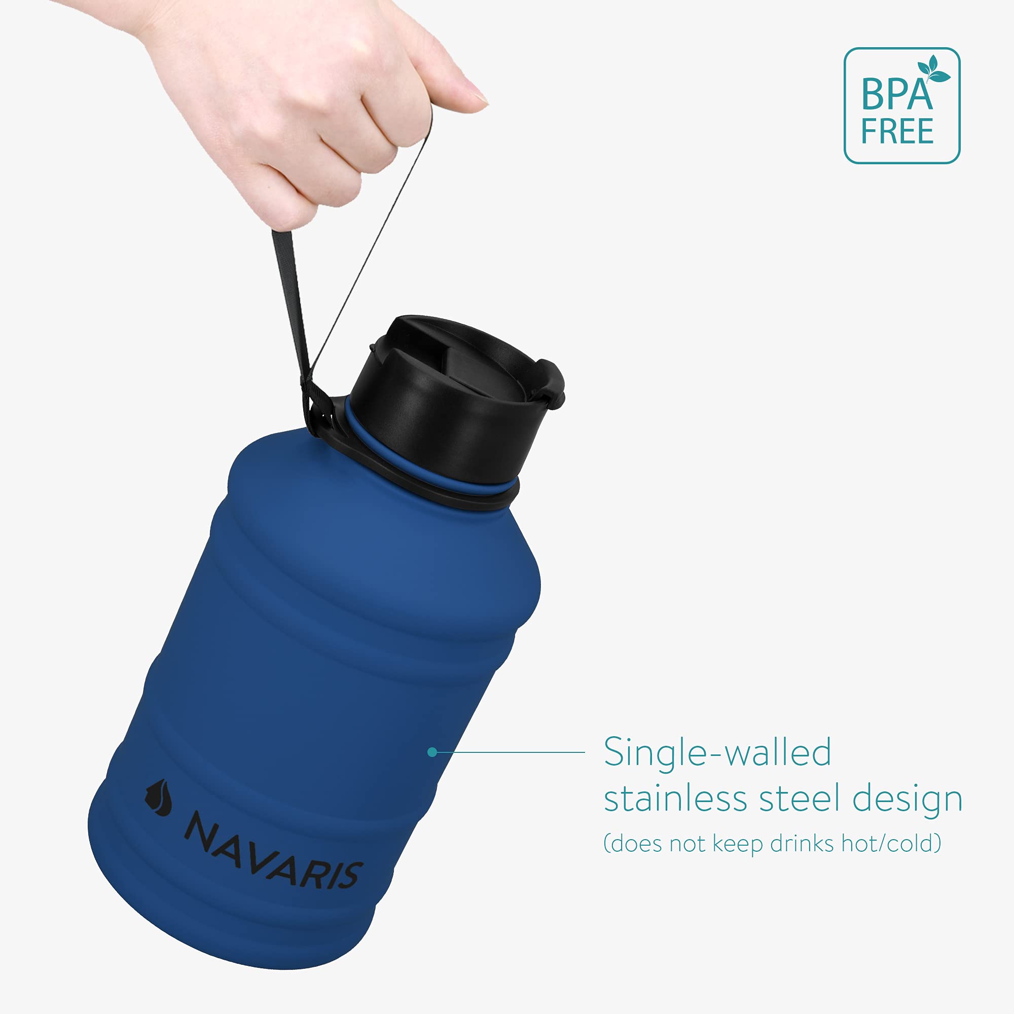 Navaris Stainless Steel Water Bottle - Single-Walled 75Oz (2.2L) Big Metal Drinking Bottle
