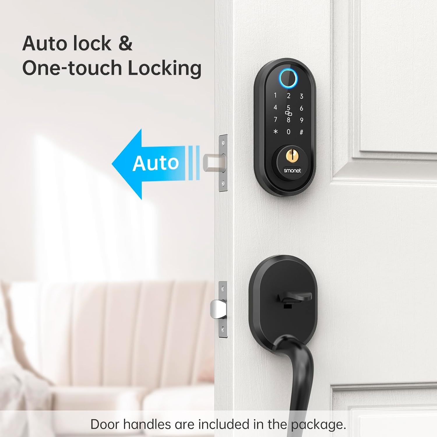 Smonet Keyless Entry Door Lock Handle: Smart Front Door Lock Set, Alexa Deadbolt Locks Front Door Handle, Bluetooth Digital Keypad Lock Black