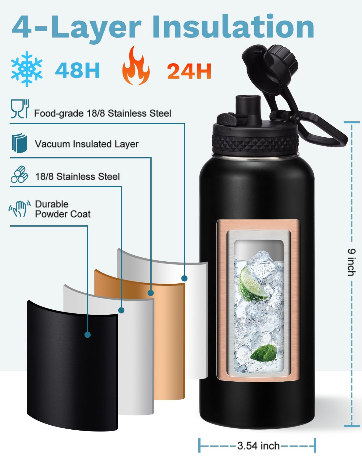 32/40/64/128Oz Water Bottle With Straw Auto Spout Lid Keep Cold 48H, Insulated Thermos Water