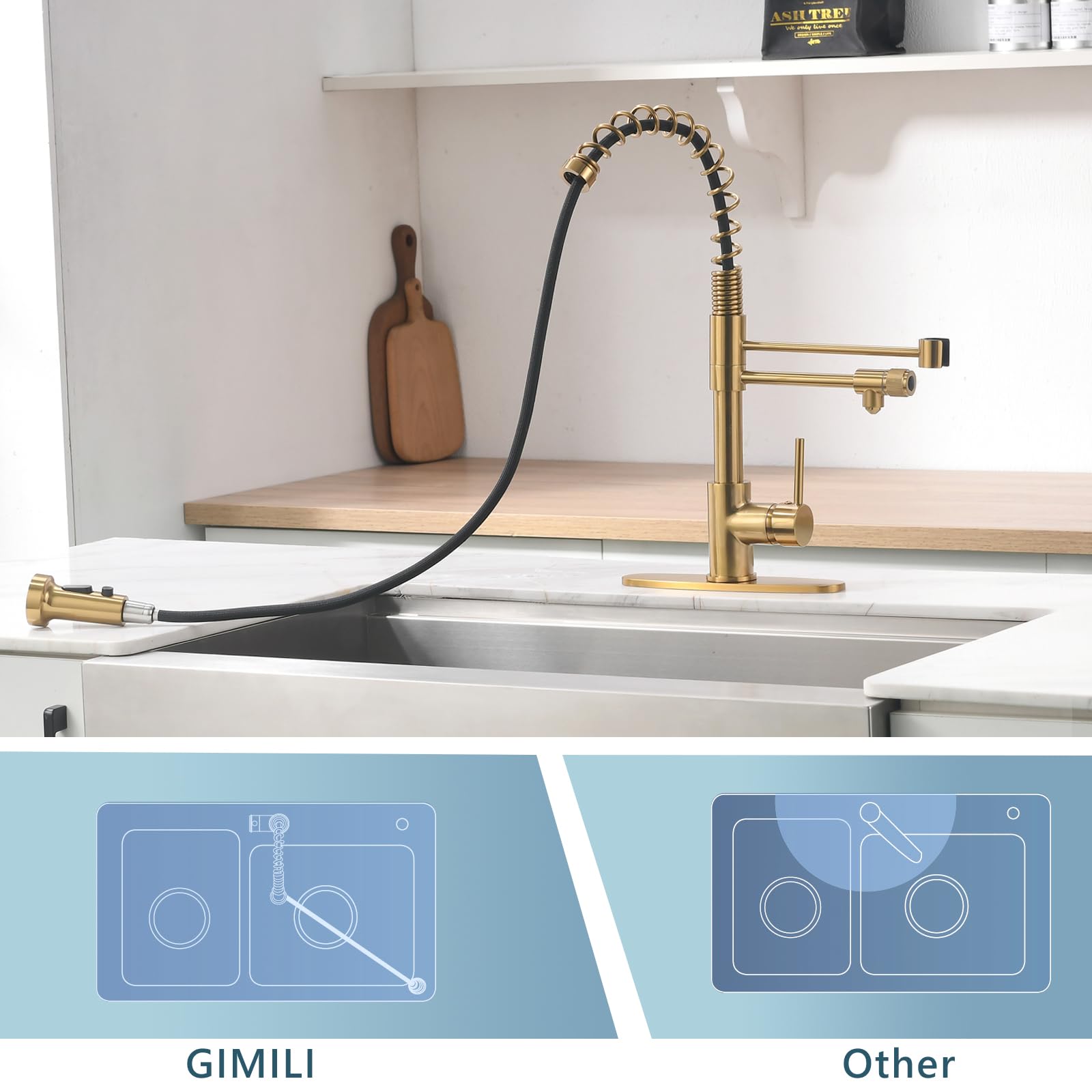 Gimili Brushed Gold Drinking Water Faucet 3 In1 Commercial Style Pull-Down Single Handle Filter Kitchen Faucet For Water Filtration System,Without Water Filtration Device