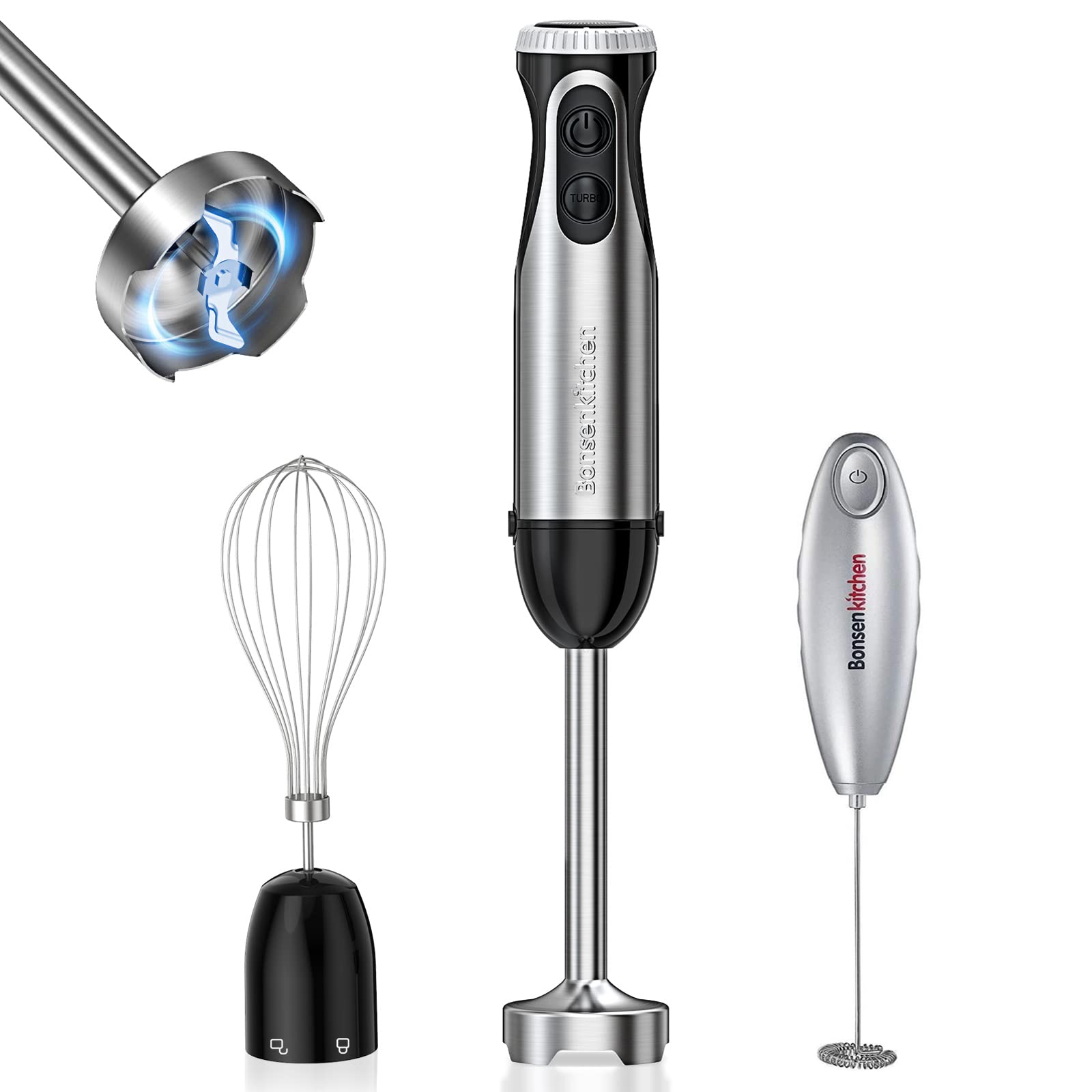 Bonsenkitchen 20-Speed Immersion Hand Blender With Whisk For Smoothies Puree Baby Food, And Milk Frother Handheld For Coffee-Bundle