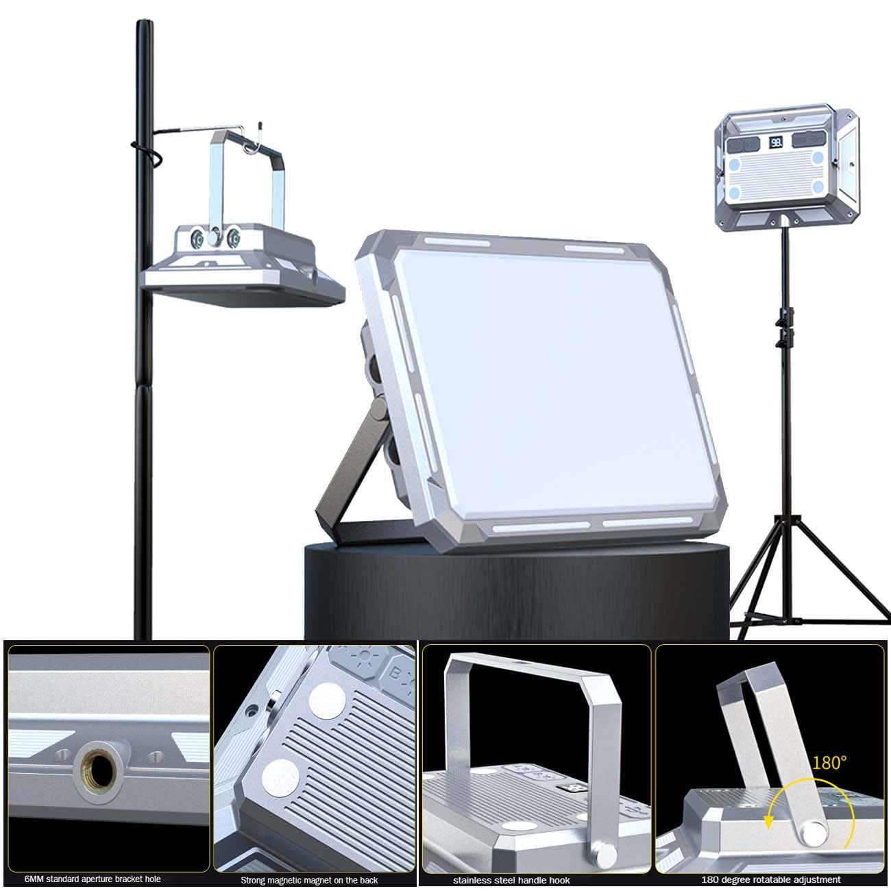 Helinyan Outdoor Multifunctional Led Work Light, Rechargeable Usb Camping Flashlight,7 Mode Xpe Progressive Dimming White Warm Red Power Display Hand Lighting For Camping, Maintenance,Fishing,Hiking.