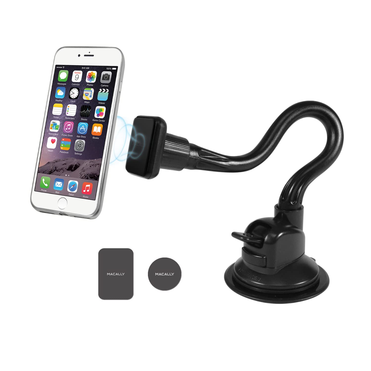 Macally Windshield Phone Mount For Car Magnetic - Suction Cup Window Mount Phone Holder With 8" Long Gooseneck Arm & Super Strong Magnet Mount For Smartphone And Iphone