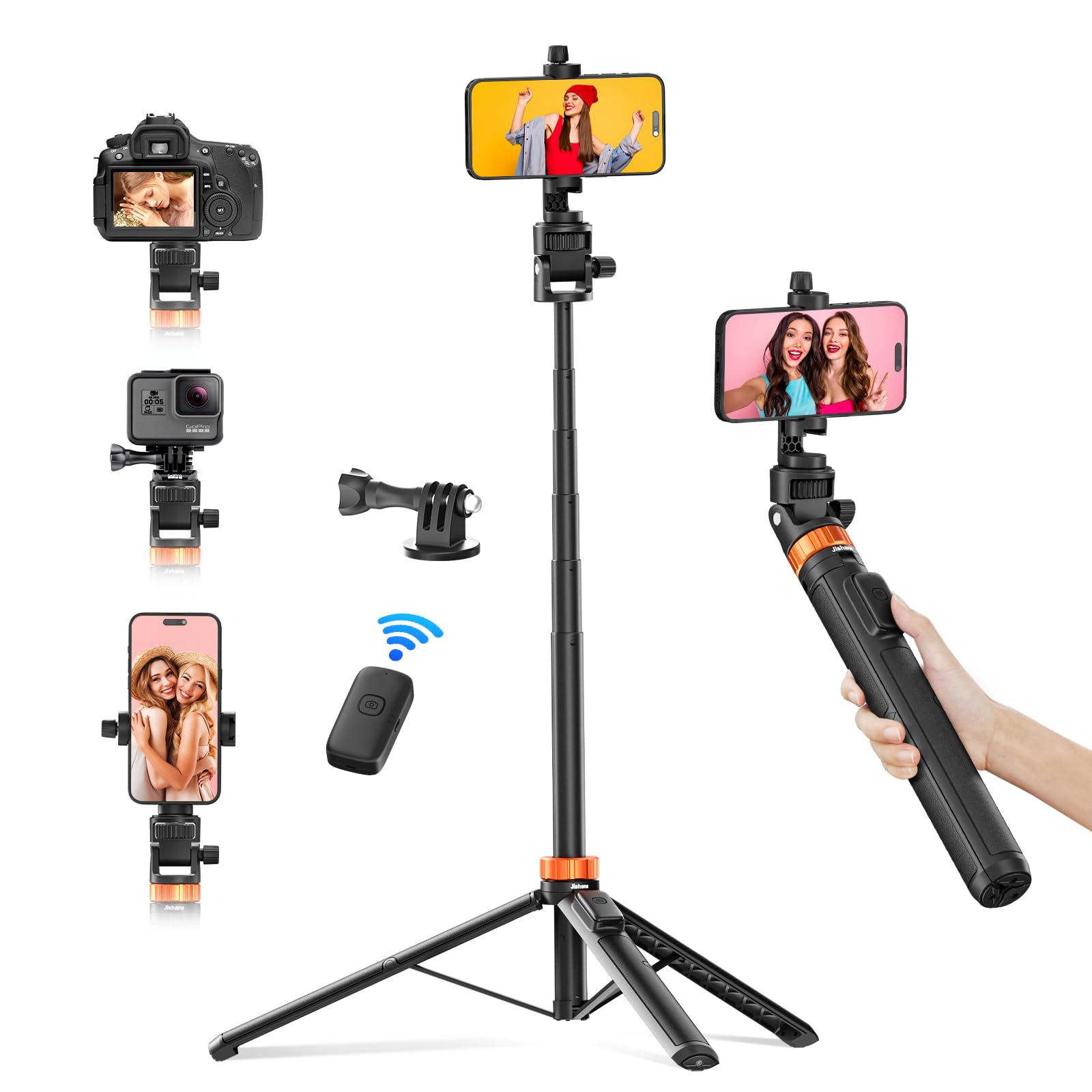 Jishane 70" Phone Tripod & Selfie Stick, Extendable Cell Phone Tripod Stand With Wireless Remote And Phone Holder, Compatible With All Phones, Cameras