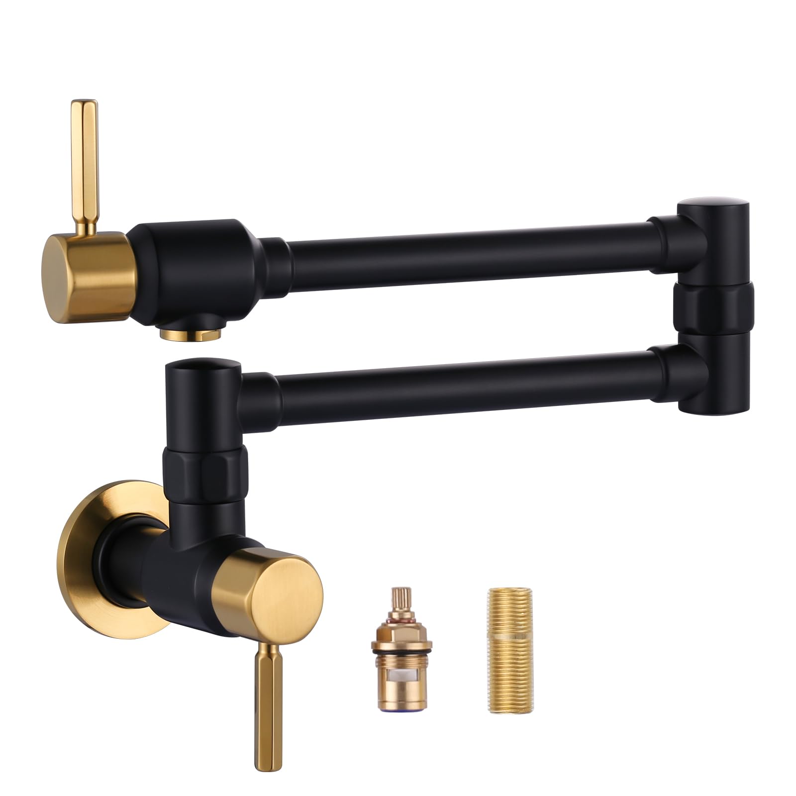 Aleasha Black And Gold Pot Filler Faucet: Solid Brass Made Heavy Duty Pot Filler, Wall Mount Pot Filler 2 Handles With Double Joint Swing Arms Over Stove For Kitchen