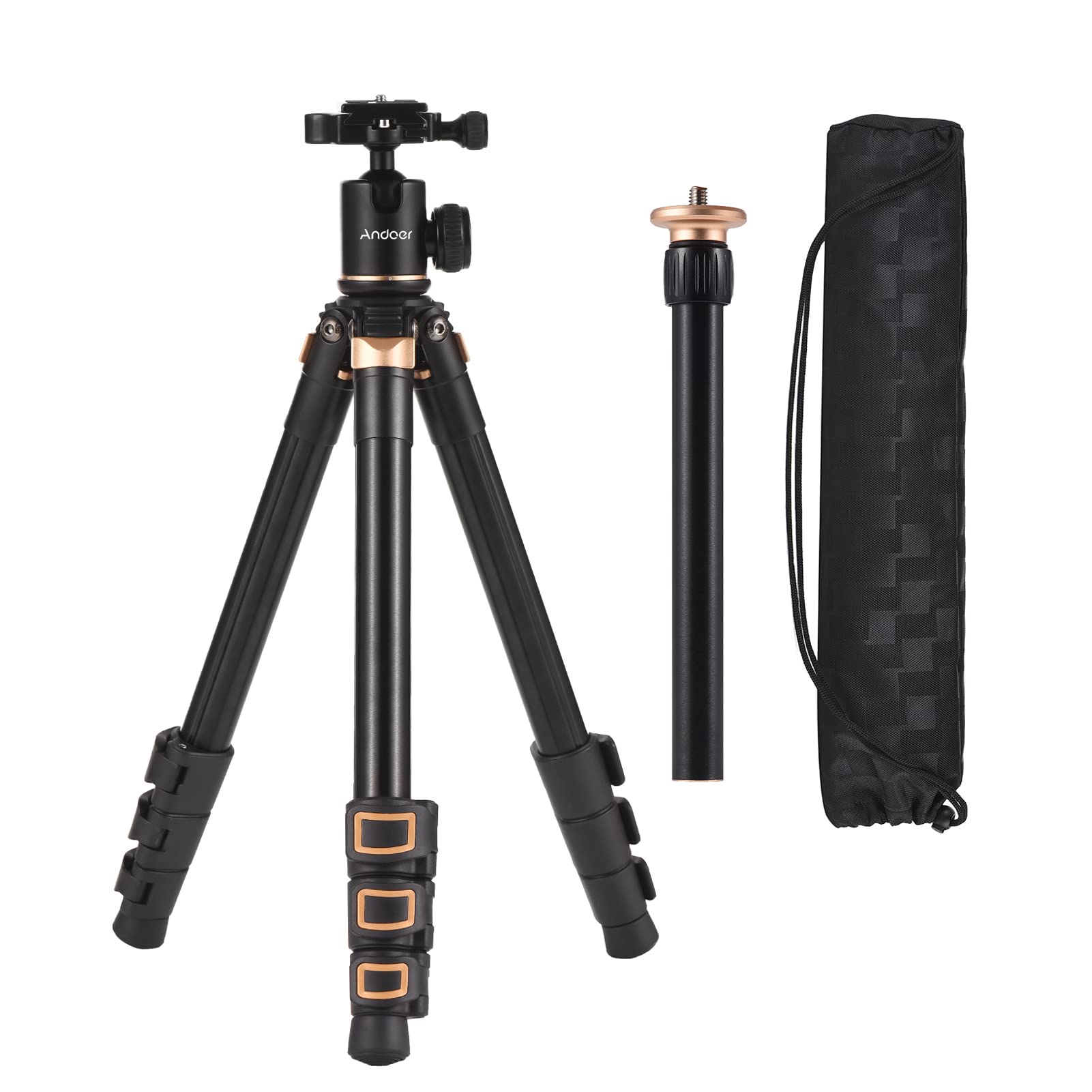 Andoer Portable Camera Tripod Stand Aluminium Alloy 360 Degrees Rotatable Ball Head 5Kg/11Lbs Load Capacity 150Cm/59In Max. Height With Detachable 2-Section Center Shaft Carrying Bag For Dslr Cameras