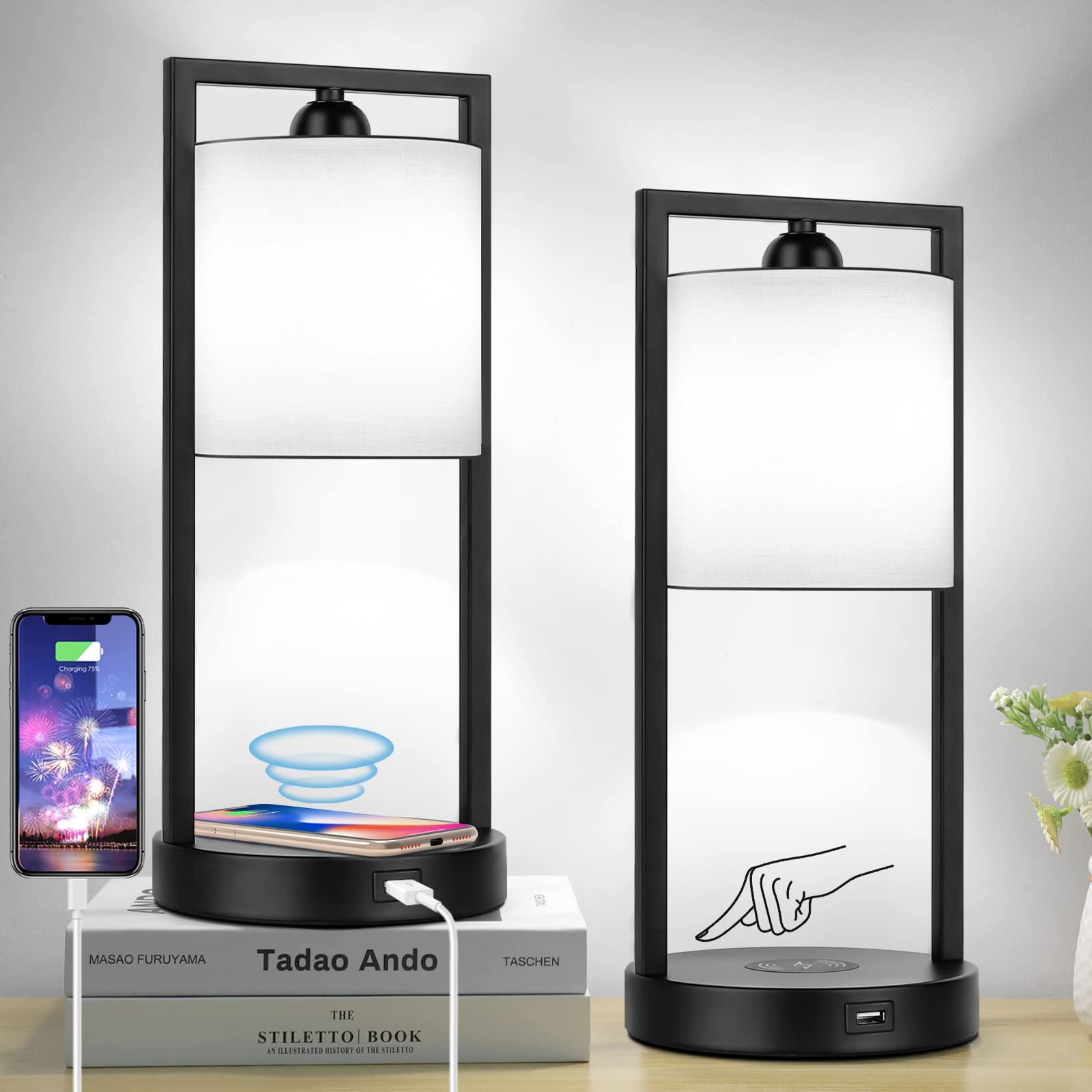 Tobusa Table Lamps For Bedrooms Set Of 2, Modern White Bedside Nightstand Lamps Touch Control 3-Way Dimmable For Living Room, Wireless Charging Desk Lamps With Usb Port, 5000K E26 Led Bulbs Included