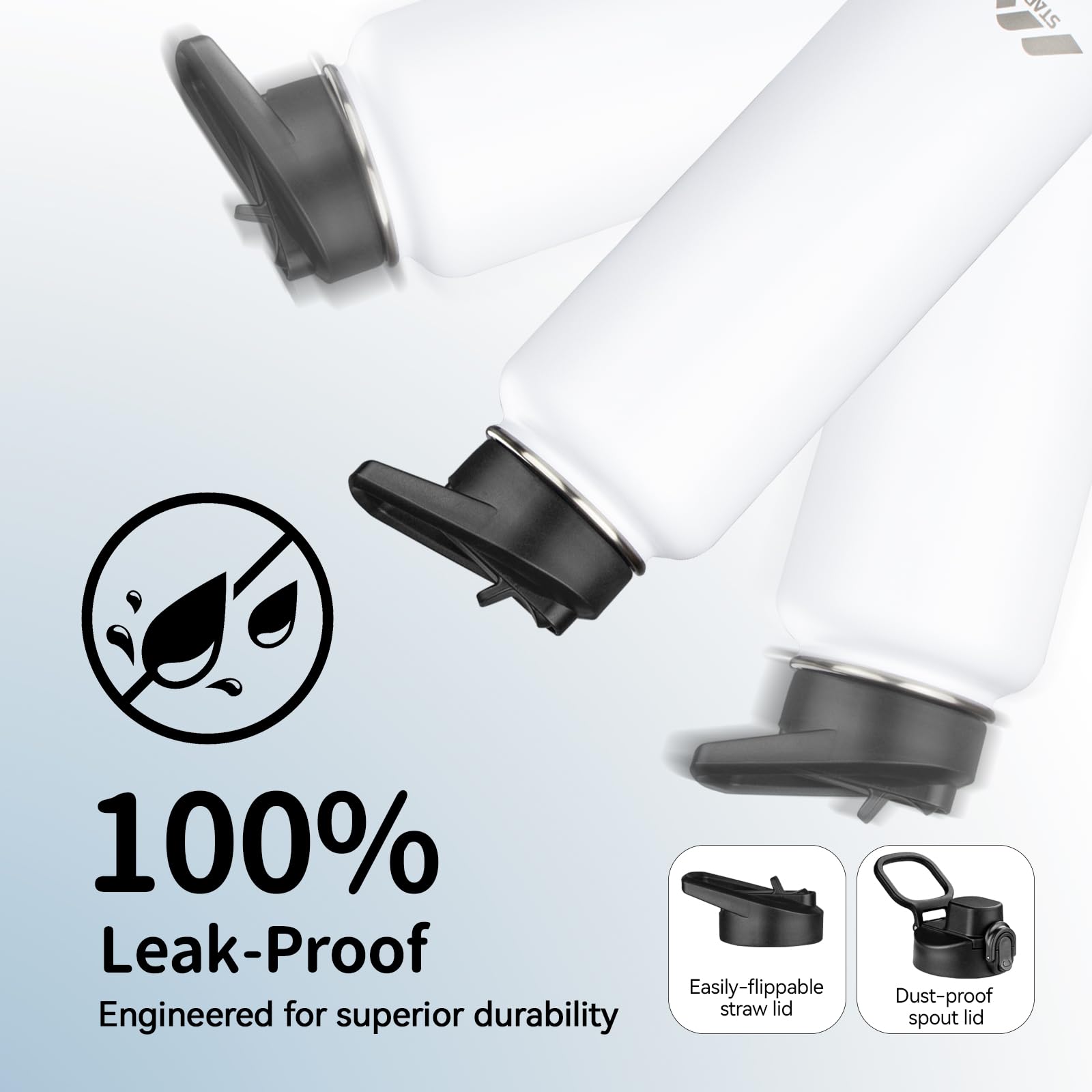 Starspeed 40Oz Insulated Water Bottle With Straws & 2 Lids, Stainless Steel Double Walled Vacuum