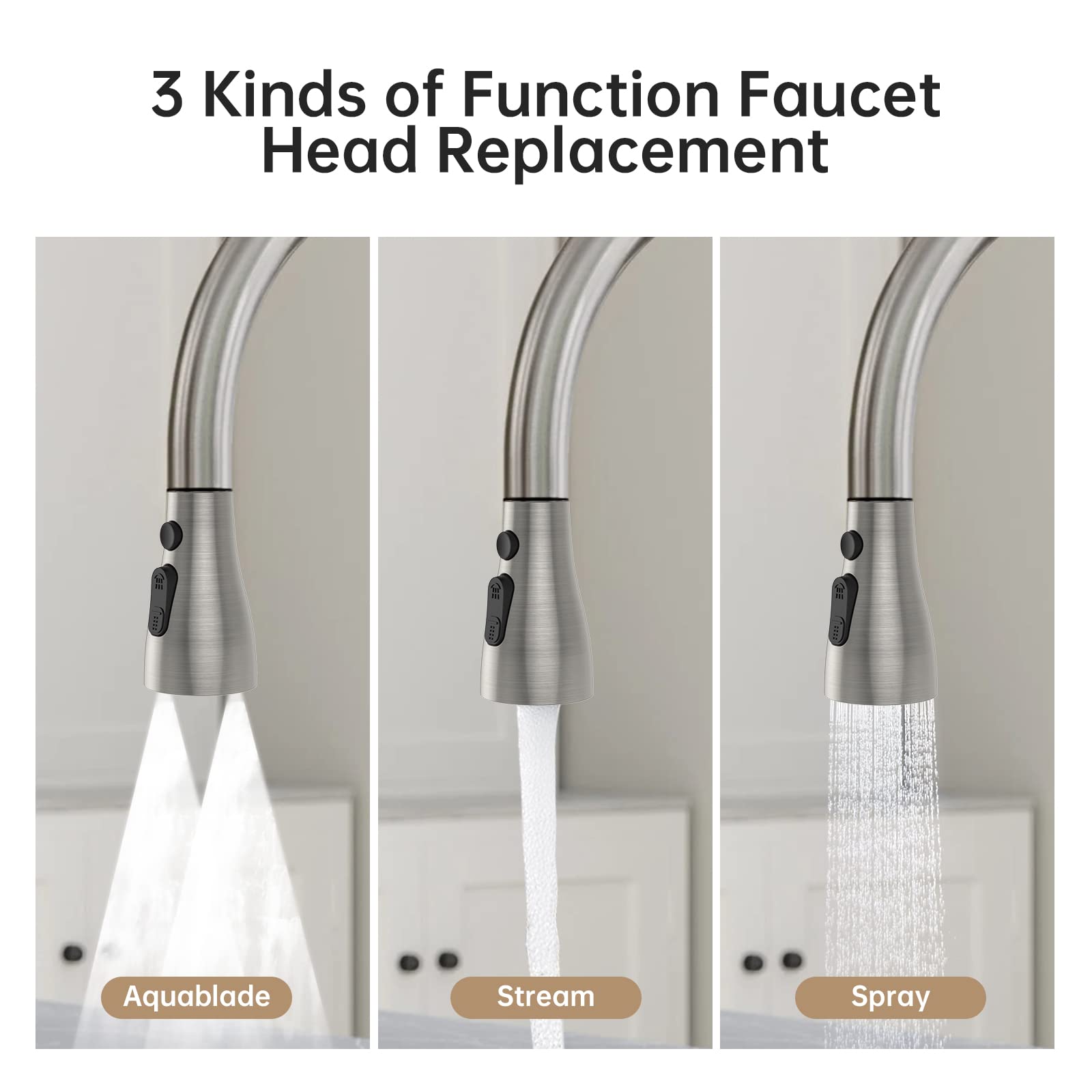 Laosep Pull Down Kitchen Faucet Head Replacement For Kitchen Faucet, 3-Modes & 7 Adapters Brushed Nickel Finished