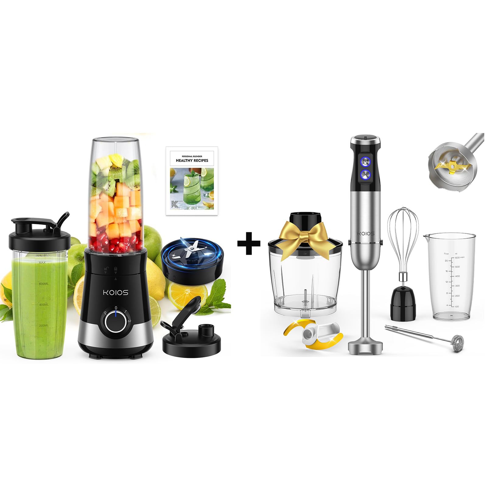 Koios 900W Smoothie Blender For Kitchen With 27Oz No-Bpa Portable Bottles And Spout Lids + Upgrated 5-In-1 Handheld Blender, Titanium Enhanced Blender Shaft,