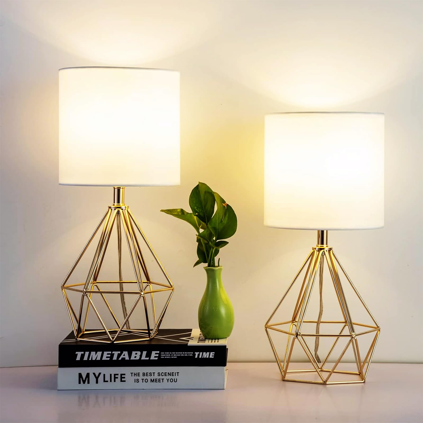Sottae Gold Table Lamps Set Of 2, Small Gold End Table Lamp With White Fabric Shade,Bedside Nightstand Lamp With Geometric Metal Design,Modern Desk Lamp For Living Room Bedroom