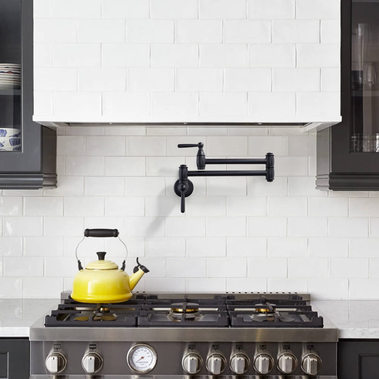 Arcora Black Pot Filler, Modern Wall Mount Kitchen Folding Faucet With 2 Handles, Double Joint Swing Arms, Brass Stove Faucet