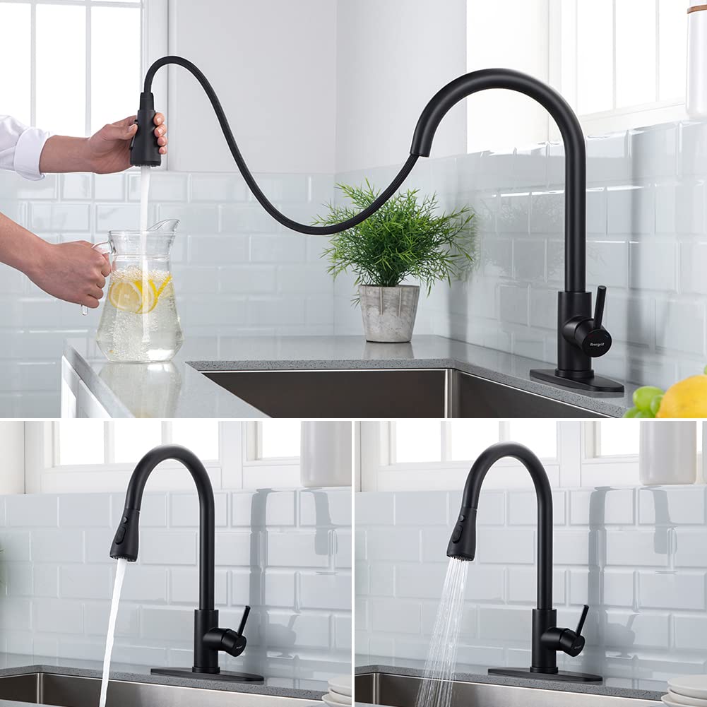 Ibergrif Black Kitchen Faucet With Pull Down Sprayer, Kitchen Sink Faucets 1 Or 3 Hol, High Arc Single Handle Classic 3 Modes, Brushed Nickel Kitchen Faucets For Rv Bar Laundry Farmhouse