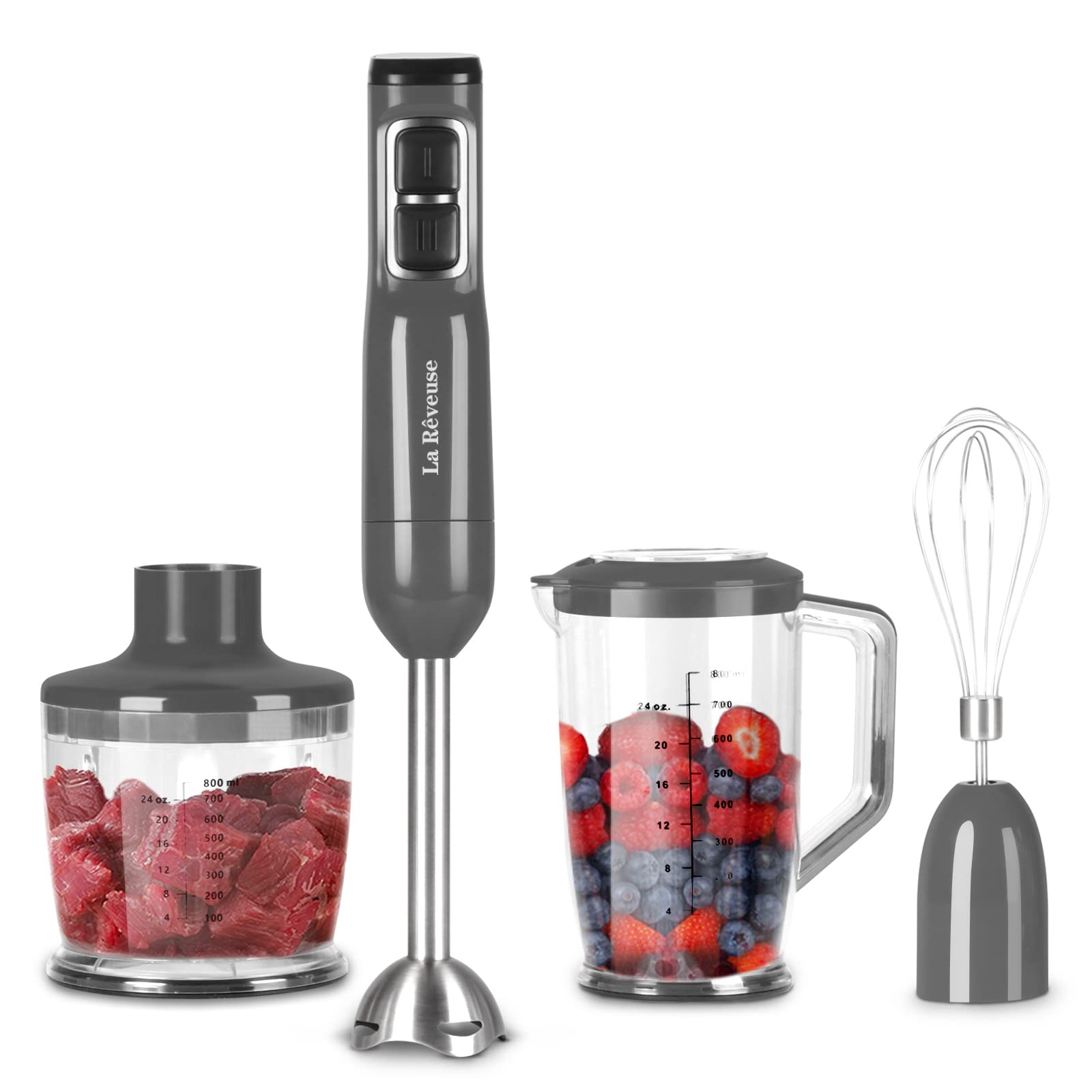 La Reveuse Immersion Blender Handheld, 3 In 1, 300 Watts 2 Speeds Multi-Purpose With Whisk,Mixing Beaker,Food Chopper Grinder Attachments