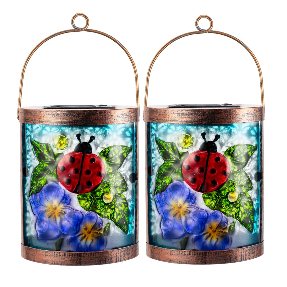 Starsoul 2 Pack Hanging Solar Lantern Outdoor Waterproof Glass Ladybug And Flowers Decorative Solar Lights For Outside Garden Yard Table Patio Decor
