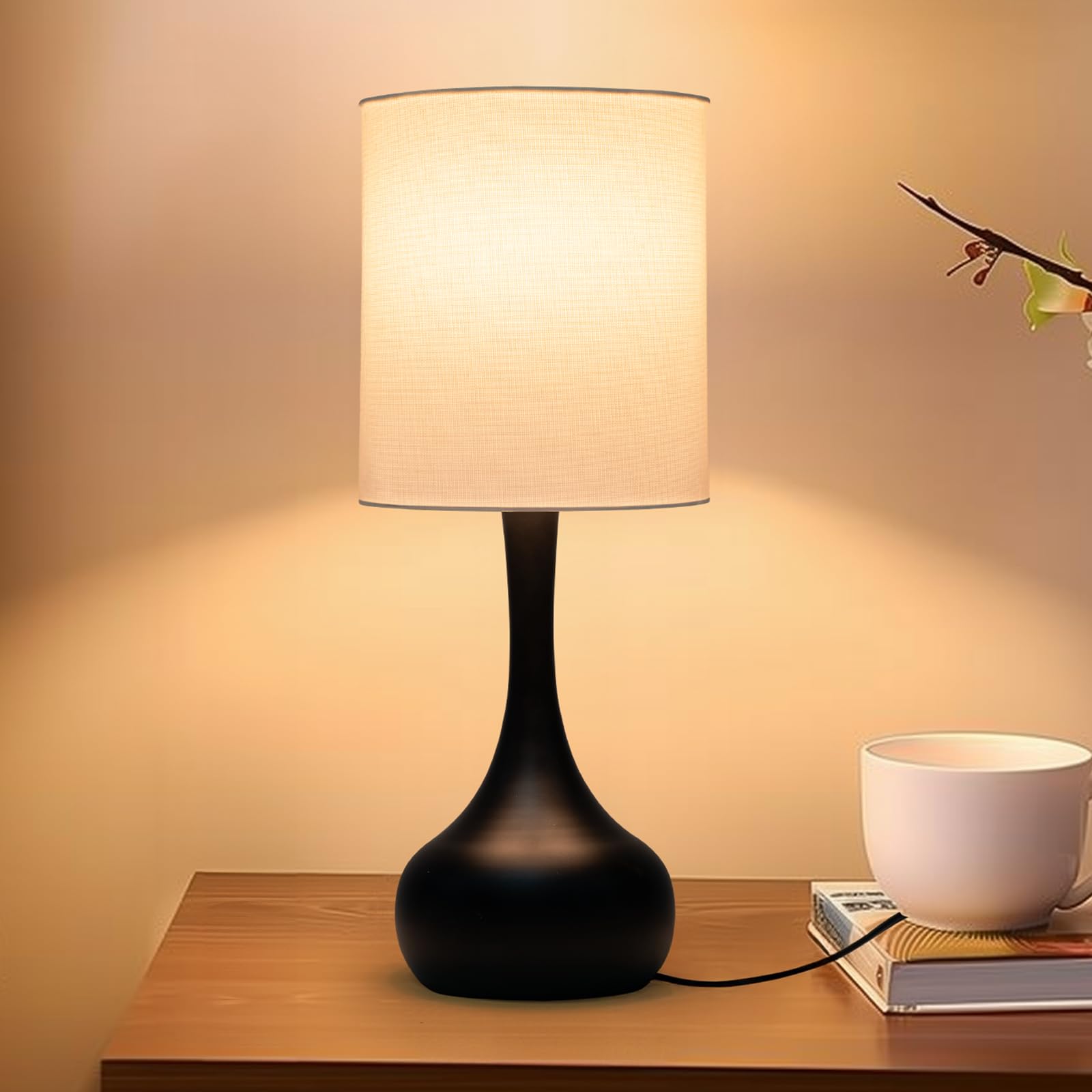 Qingjiamen Touch Lamps For Nightstand, Gold Bedside Lamp Touch Control For Bedroom With Linen Shade, Mid Century Modern 13 Inch Small Table Lamp (Black Round - 1Pack)