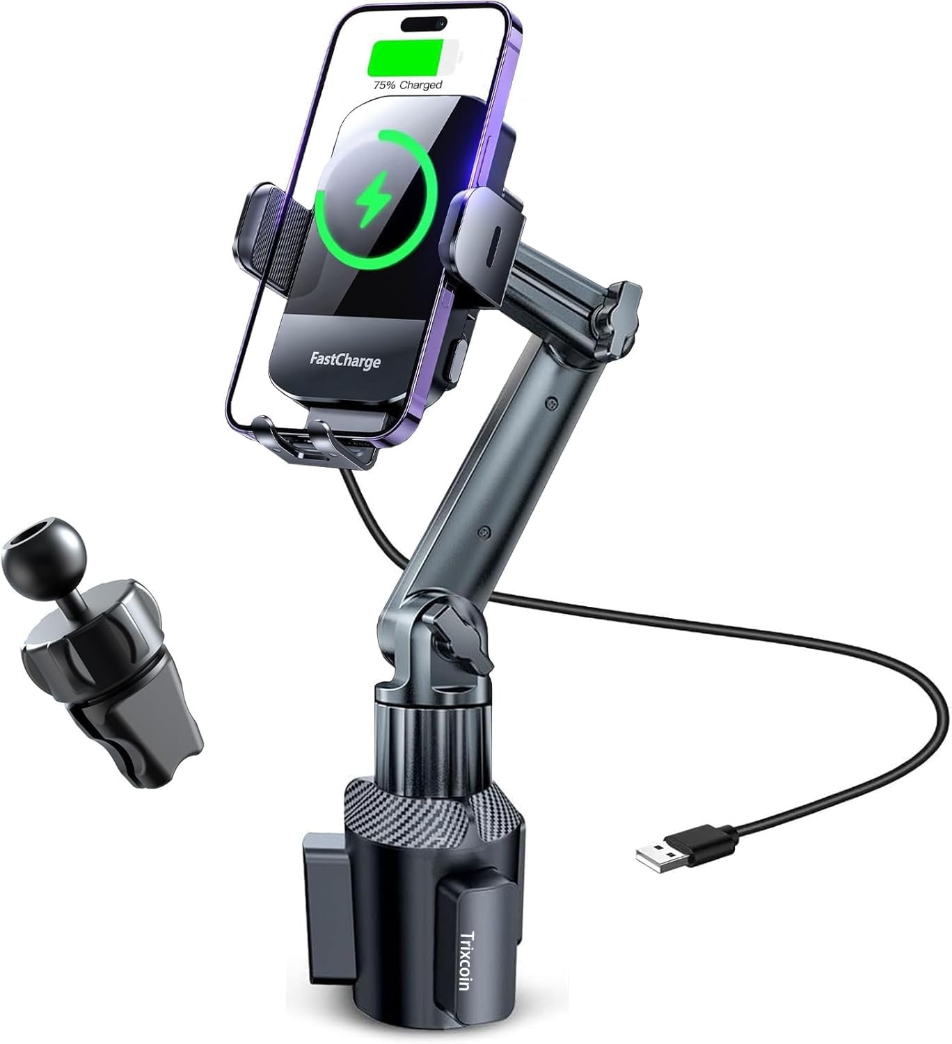Trixcoin 2-In-1 Wireless Car Cup Holder Phone Charger: 15W Fast Charging Auto Clamping Air Vent Car Mount Charger 13Inch Adjustable Long Neck Phone Holder Cradle For Car, Universal For Iphone Samsung