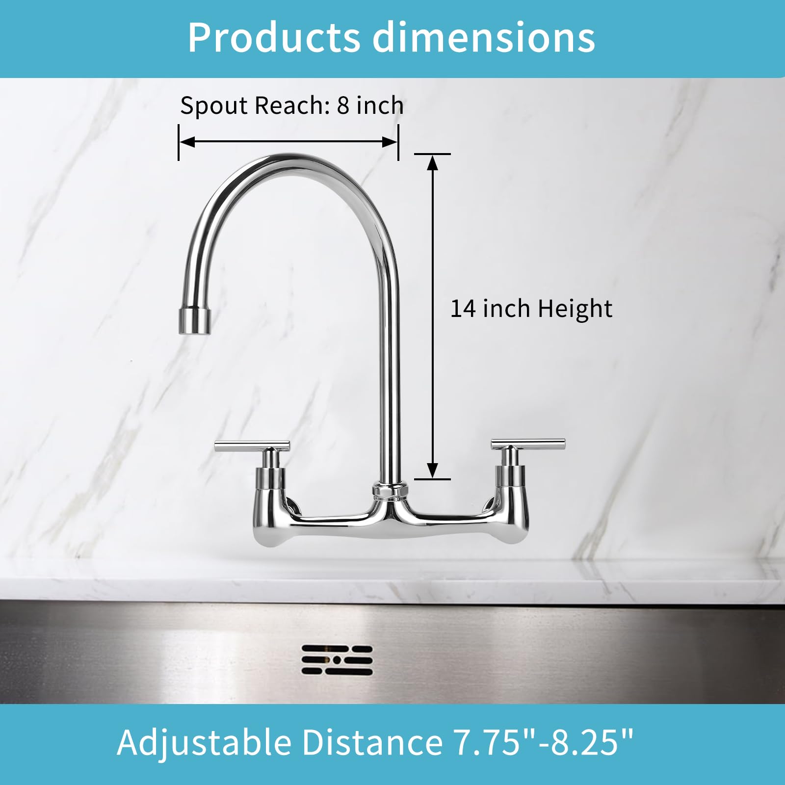 Tnroted Wall Mount Kitchen Faucet With 8" Gooseneck Swivel Spout, 8 Inch Center Commercial Kitchen Sink Faucet 2 Handle Wall Mount Utility Sink Faucet For Kitchen Restaurant Compartment Sink