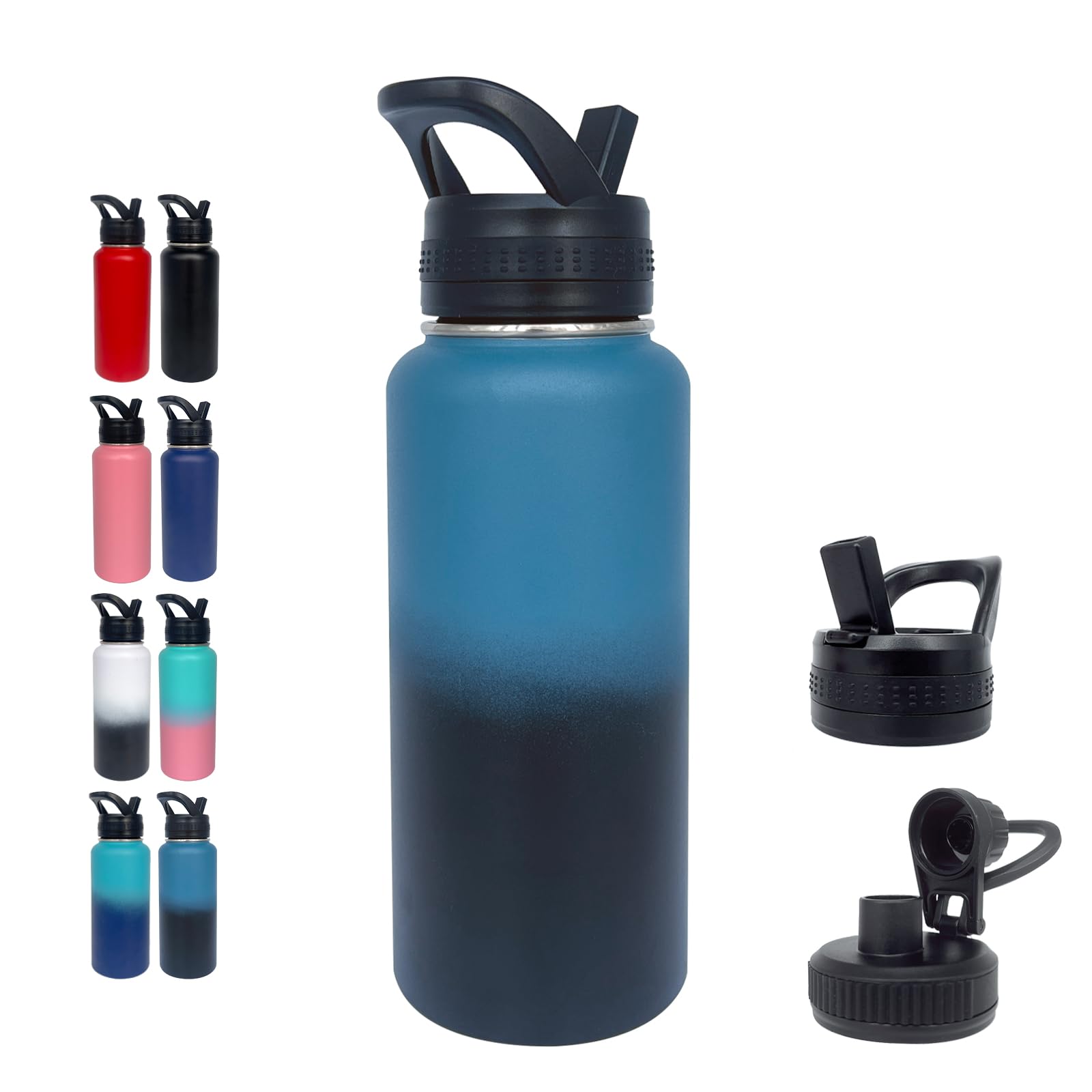 1Pack 32 Oz Insulated Water Bottle With Straw, Stainless Steel Sports Water Cup Flask With 2 Lids