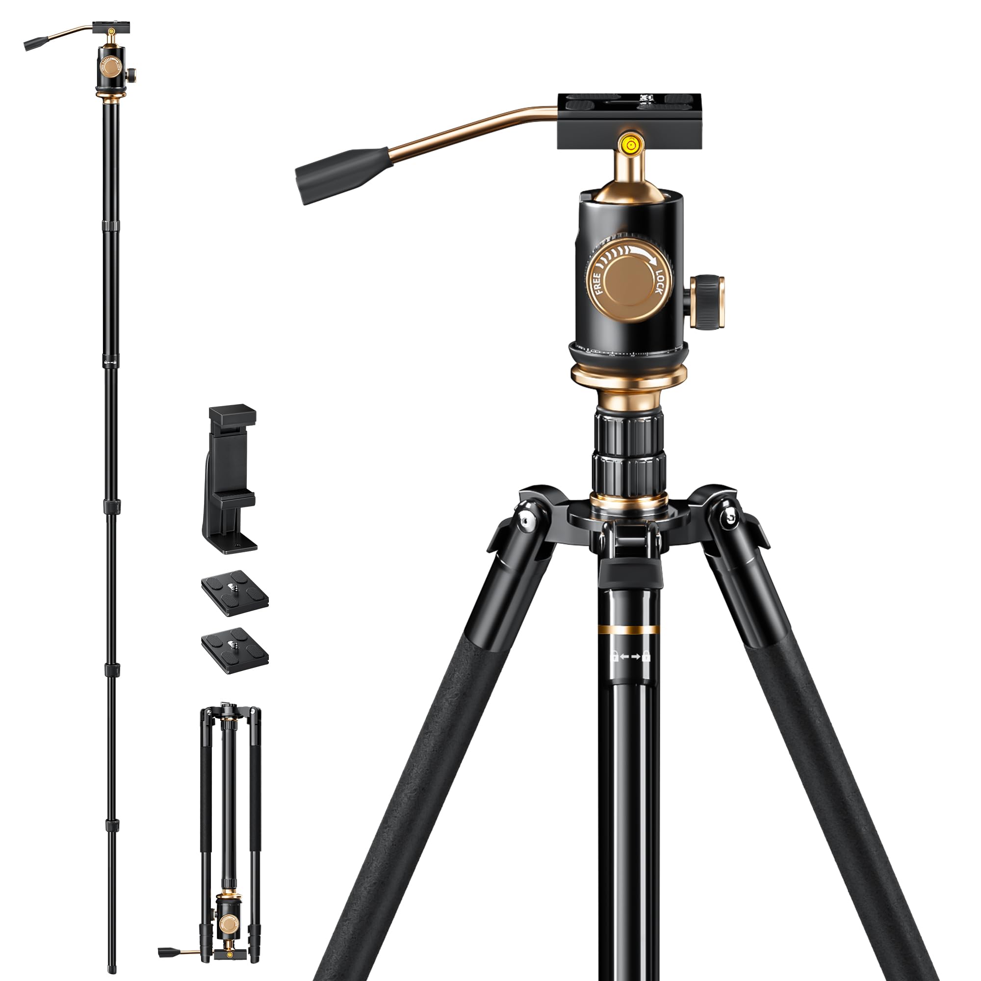 Yotilon Tripod For Camera 77.2'', Aluminum Camera Tripod & Monopod With Removable Handle And 360°Ball Head Payload 17.6Lb, Lightweight Travel Tripod For Dslr With Carry Bag For Travel And Work