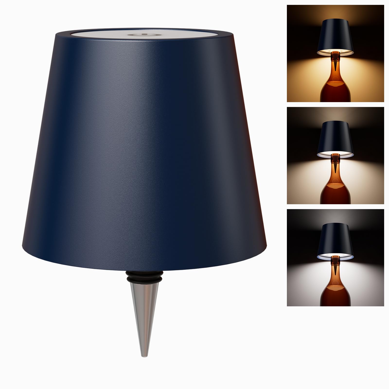 Wokwoyio Wireless Bottle Lamp Shade With 3 Color Temperatures - Rechargeable, Stepless Dim Led Wine Bottle Lights, Desk Light For Bedroom, Restaurant, Bar (Dark Blue)