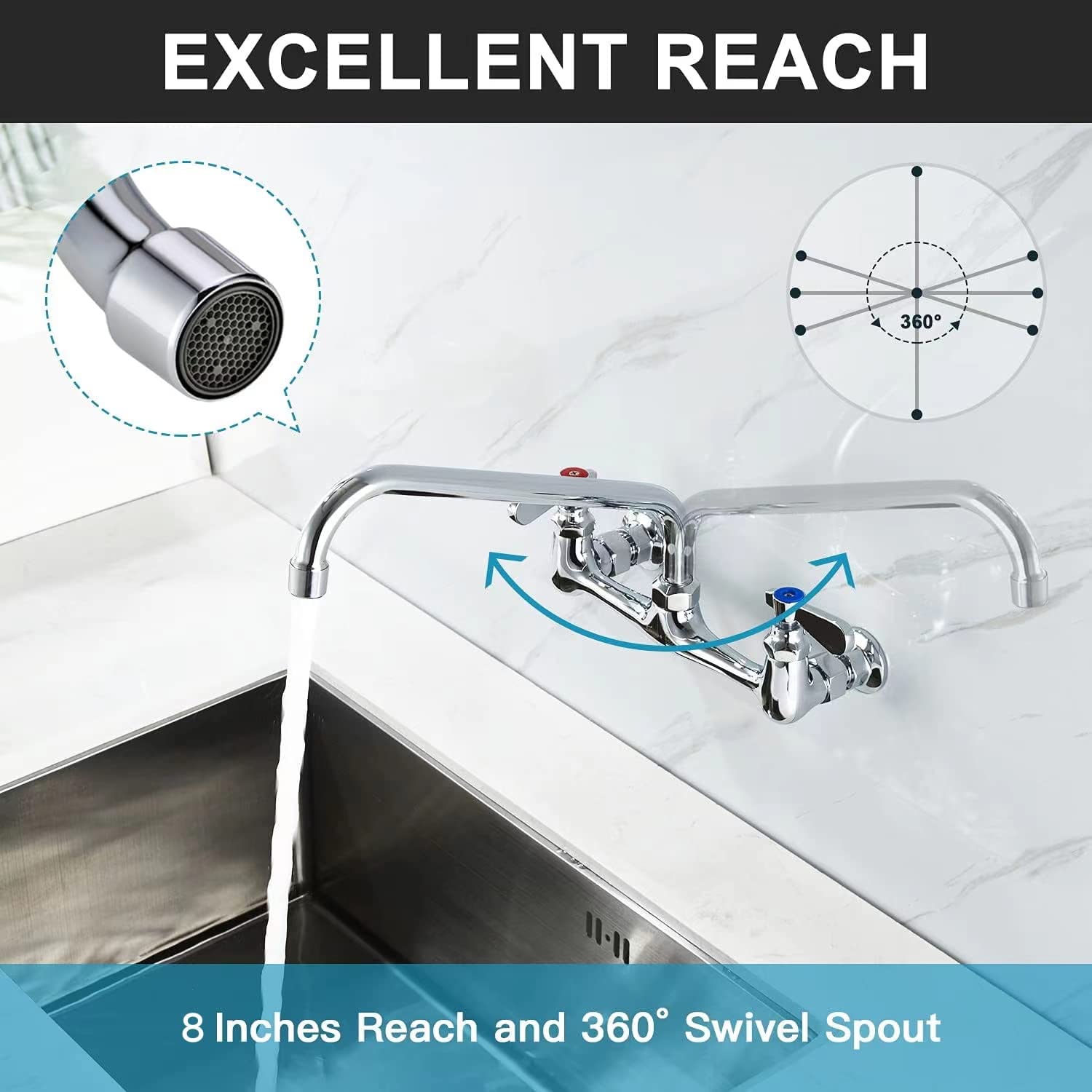 Favorpo 8 Inch Commercial Kitchen Wall Mount Faucet, 8 Inch Center Wall-Mount Utility Sink Faucets, 2 Handle Wall Mounted Faucets For Kitchen Laundry Room Restaurant