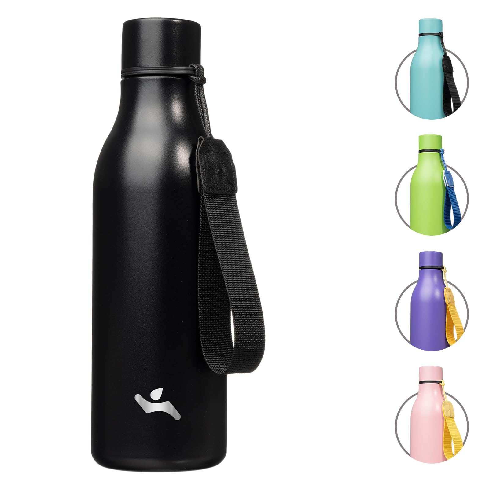 Insulated Water Bottle With Strap,18 Oz Double Wall Stainless Steel Vacuum Bottles Metal Water