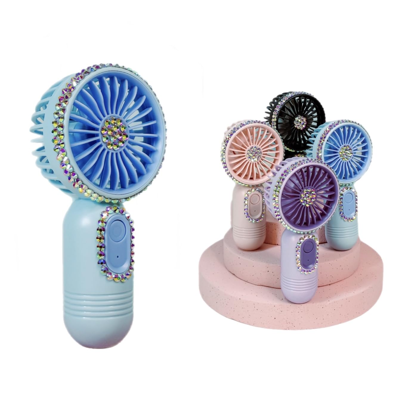 Bling rhinestone mini handheld fan, USB rechargeable, 3-speed settings for portable personal cooling and style