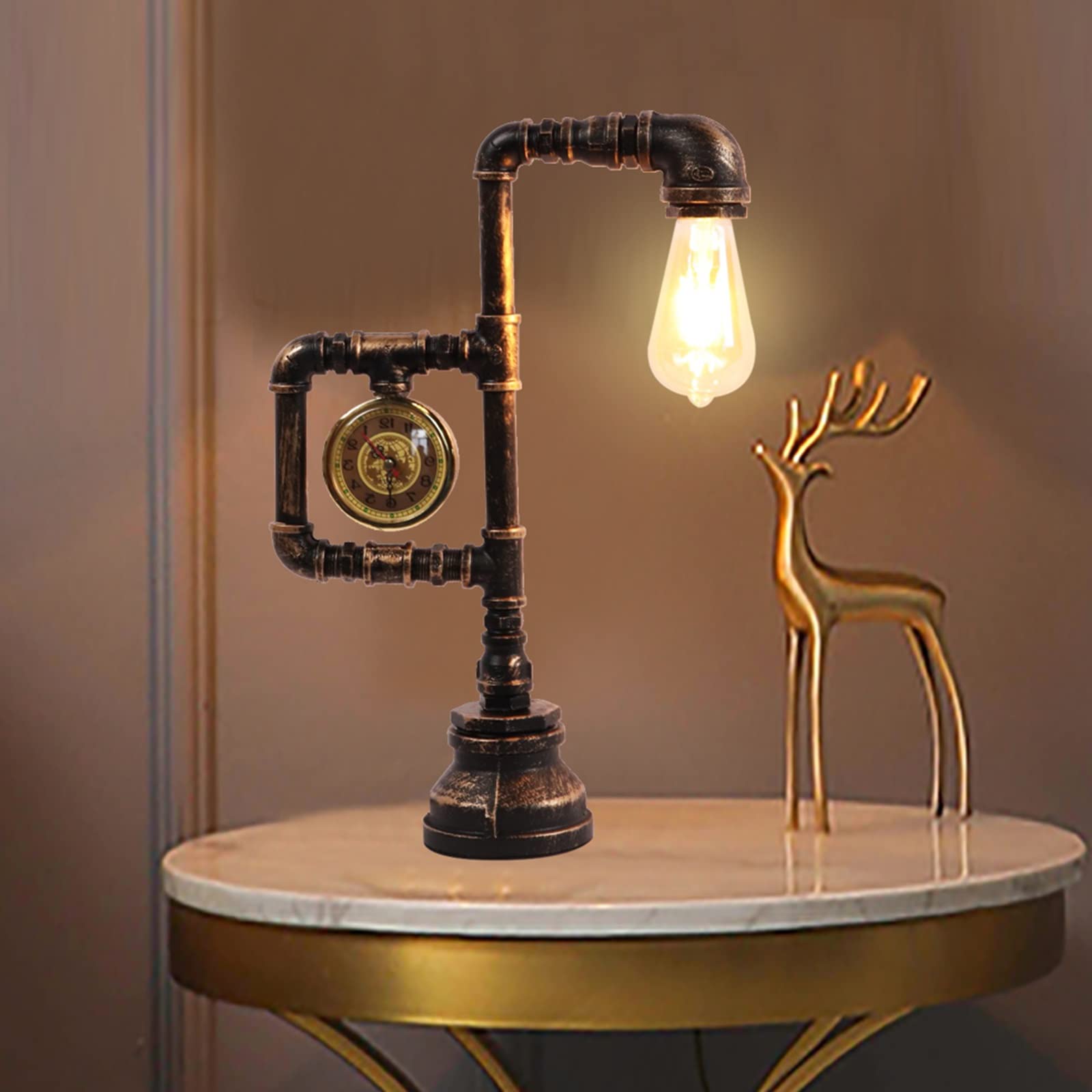 Tfcfl Retro Water Pipe Table Lamp For Bedroom, Vintage Steampunk Desk Lamp With Clock Plug-In Table Lamp Light Nightstand Lamp E26 60W Max For Living Room