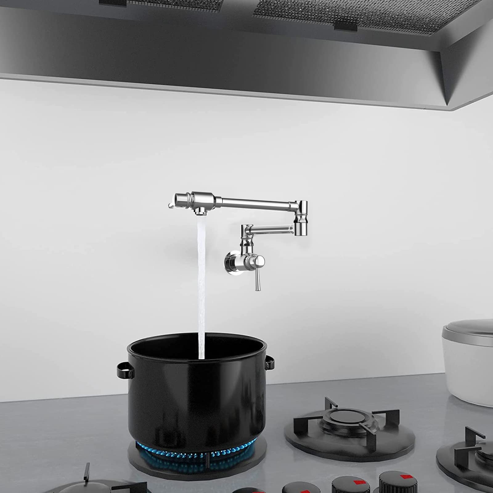 Cwm Pot Filler Faucet,Polished Stainless Steel Pot Filler,Swing Arm Folding Stretchable Wall Mount Commercial Kitchen Sink Faucet With Single Hole Two Handles,Over Stove Design For Space-Saving