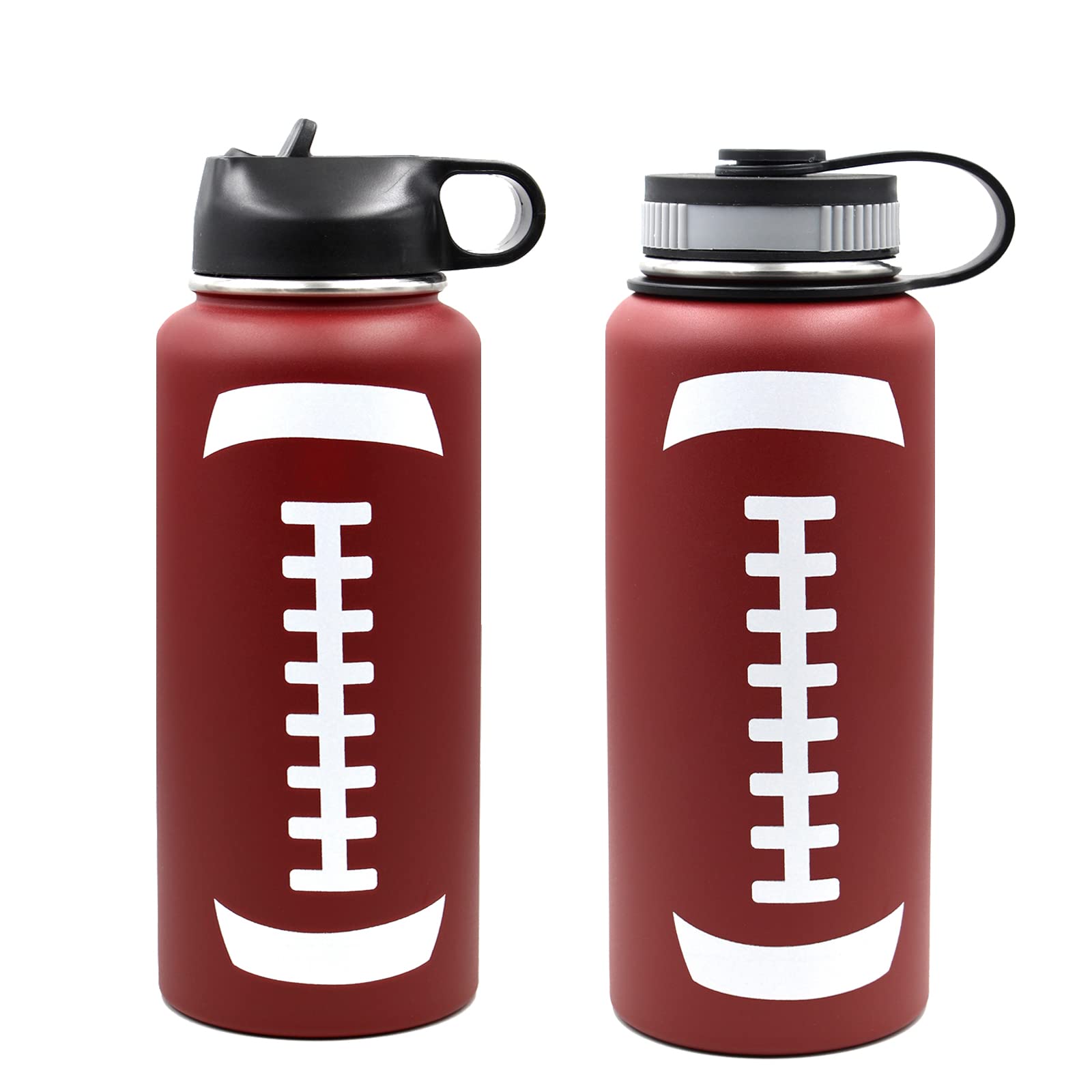 Football Water Bottle, Wide Mouth Metal Thermo Flask With 2 Lids, Stainless Steel Travel Tumbler