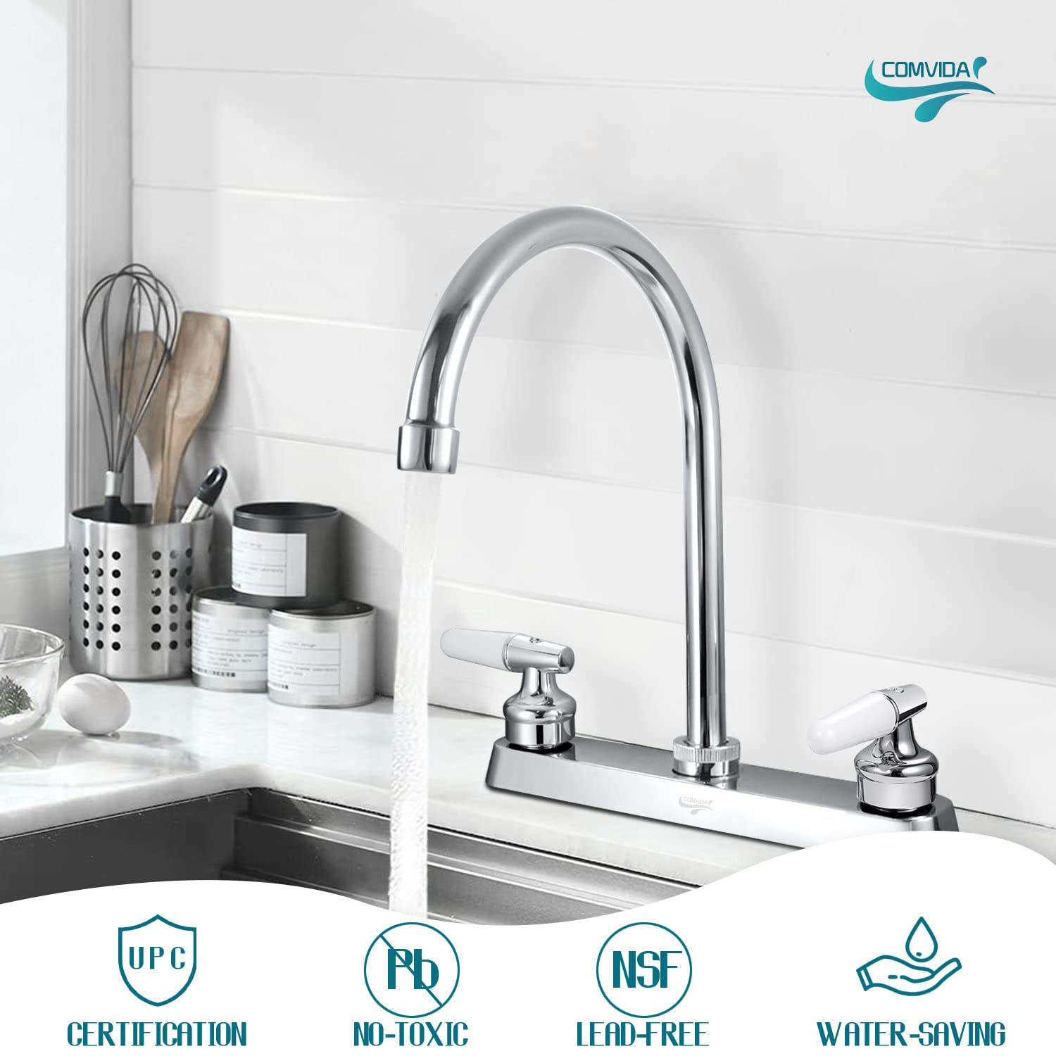 Comvida 2 Handle Kitchen Faucet, High Arc Swivel Spout Stainless Steel Kitchen Sink Faucet, Modern Commercial 3 Hole Kitchen Faucet Solid Brass, Chrome,Us-Cv-80091