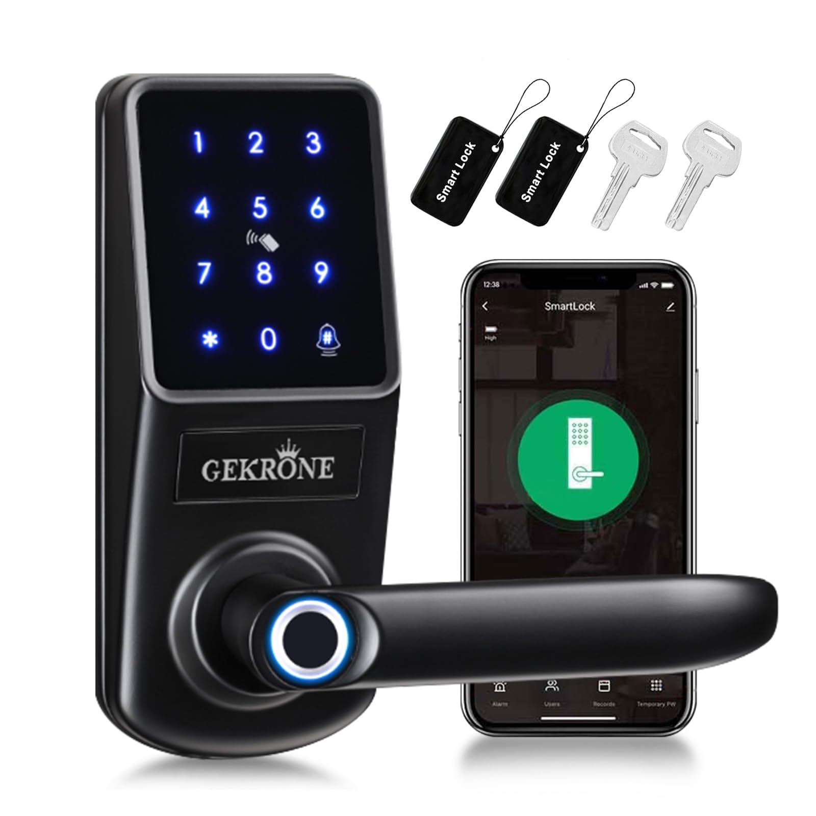 Gekrone Smart Fingerprint Lock With Lever Handle, Keypad Touchscreen Keyless Entry Front Door Knob, App Control Biometric Electronic Digital Deadbolt Set