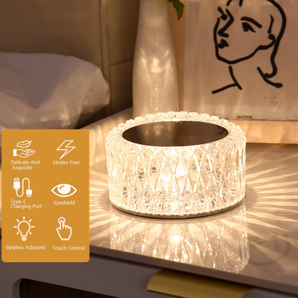 Ejfoiej Portable Crystal Led Table Lamp, 3-Levels Brightness Desk Lamp, 3 Color Touch Control Rechargeable Night Light