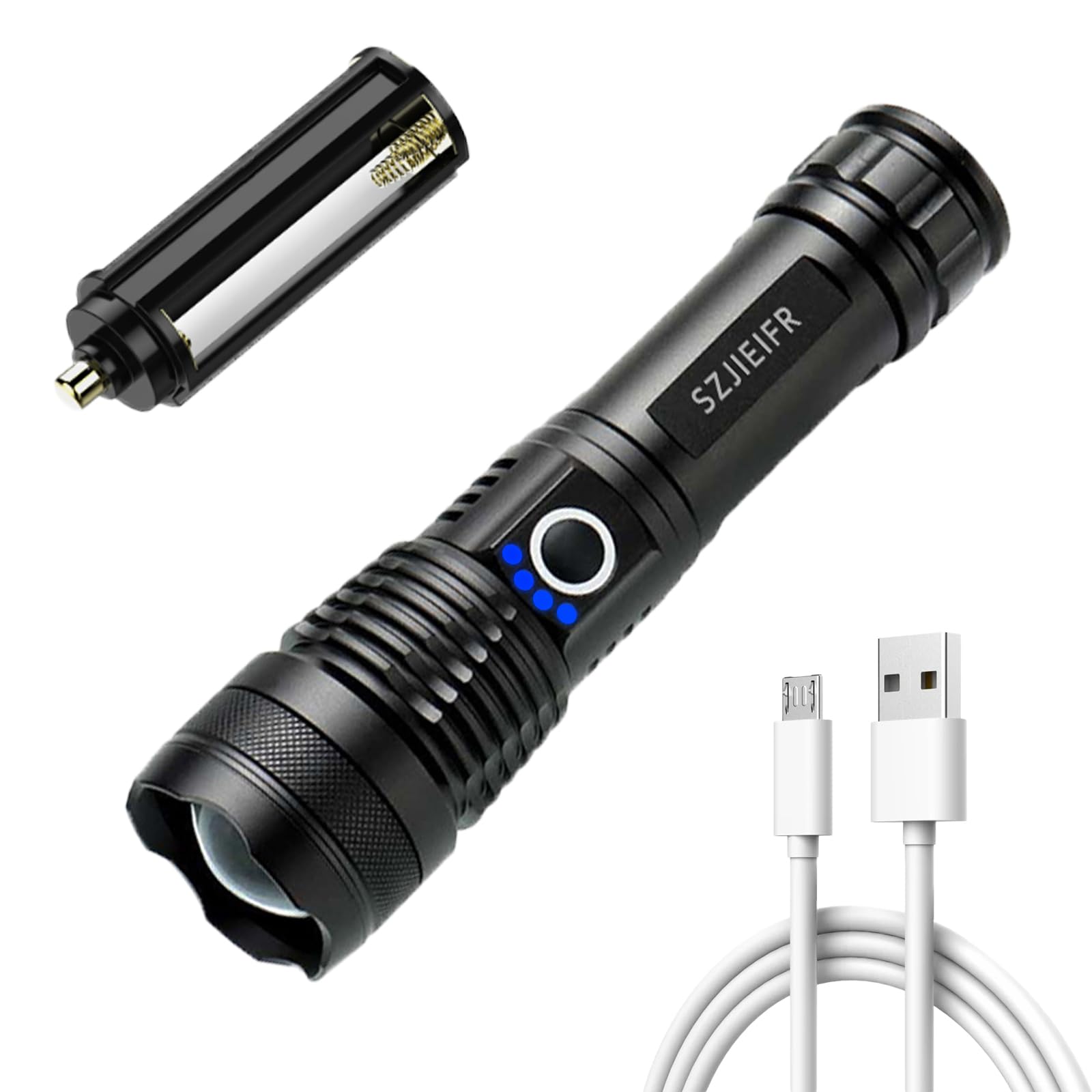 Szjieifr Led Rechargeable Utility Flashlight, 18650 Zoomable Flashlight With 5 Modes, Super Bright Long-Range Torch, Usb Fast Charging For Camping, Hiking, Emergency & Hurricane Supplies