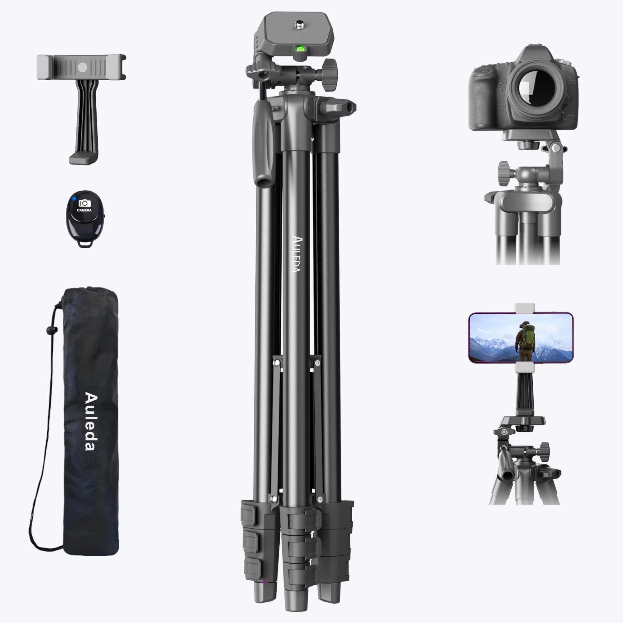 Auleda 71″ Camera Tripod Aluminum Tall Tripod Stand Compatible With Canon Nikon With Wireless Remote Phone Holder And Bag Max Load 6.6 Lb