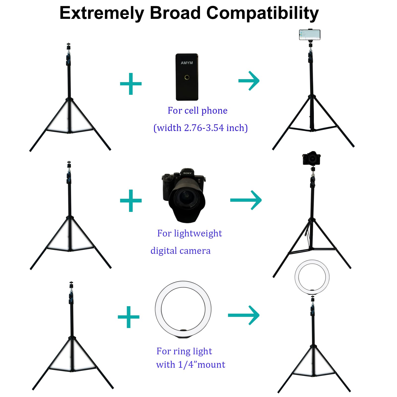 Amym 82.6 Inch Tall Tripod For Most Cell Phone, Lightweight Camera And Action Cameras, Ultra High Tripod With Dual Cell Phone Clips For Iphone 14 Pro Max, 13 Pro Max, Galaxy S23 Ultra, S23+ And More
