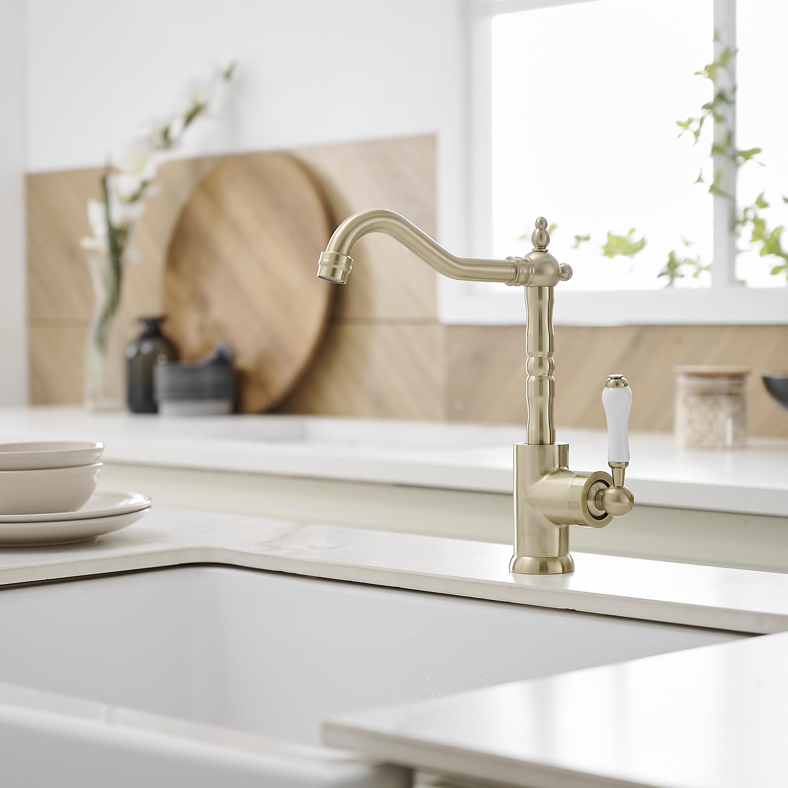 Bathfinesse Gold Kitchen Faucet With Long Curve Spout 360 Swivel, Deck Mount Single Handle Single Hole, Copper Bar Sink Faucet, Mixer Tap