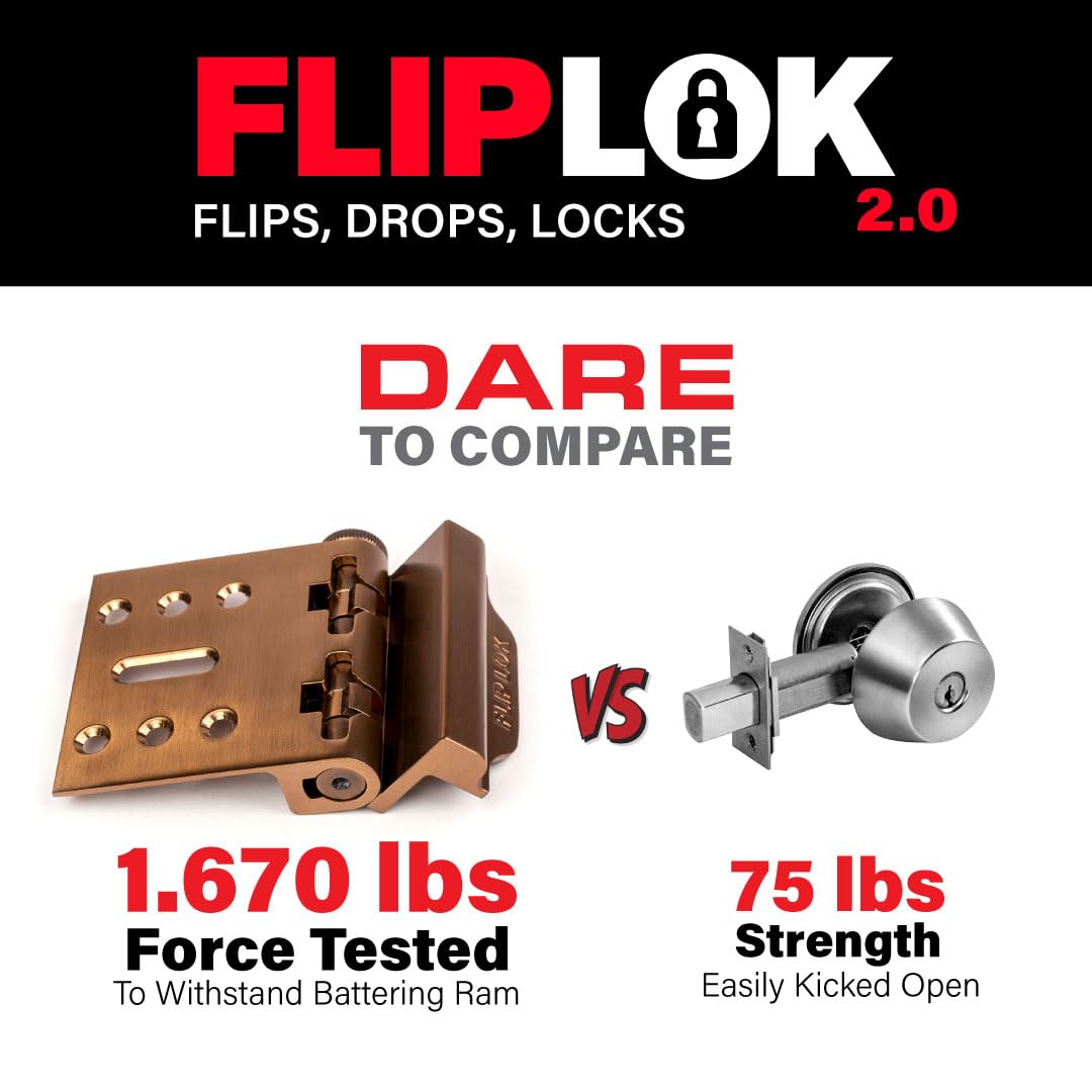 Flip Lok Fliplok High Security Door Lock - 10X Stronger Than A Deadbolt, Keypad Lock, Bronze, Keyless