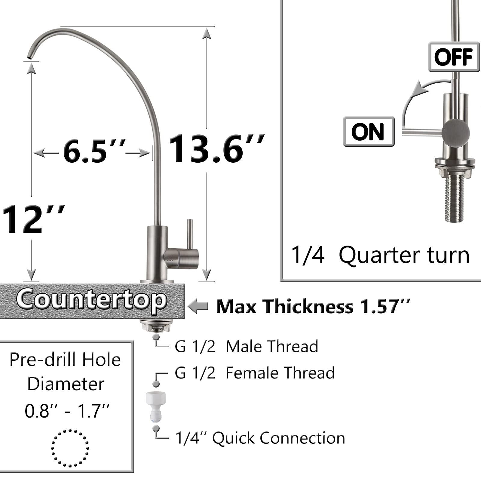 Yoogyy Ro Drinking Water Sus304 Stainless Steel Faucet For Ro Reverse Osmosis & Filter With Brushed Nickel Finish (High Arc)