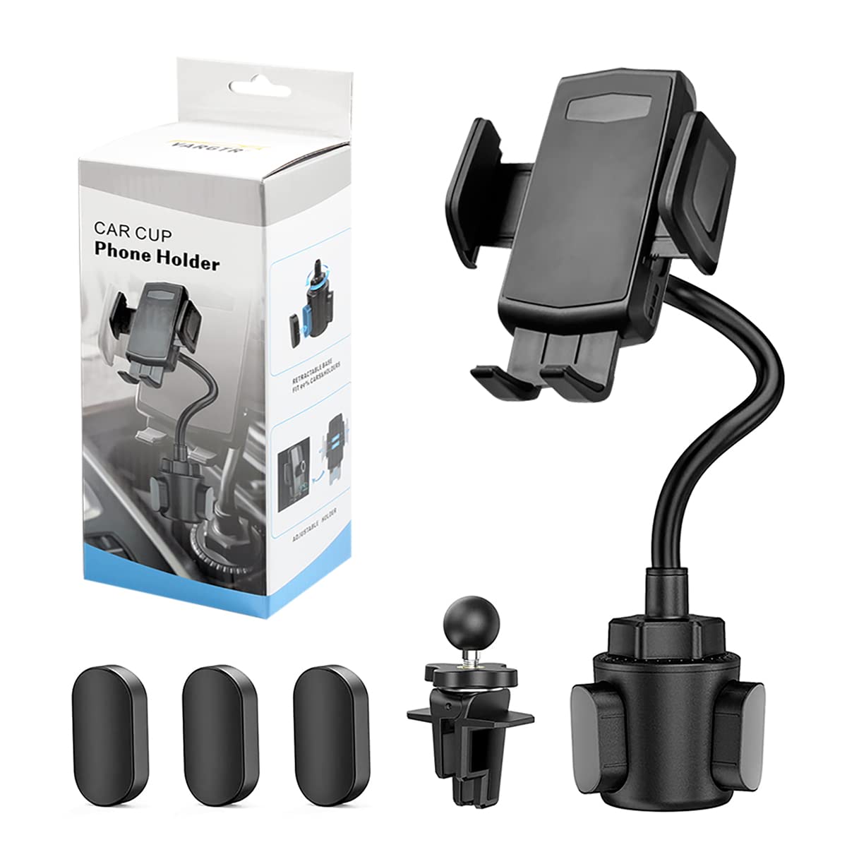 Vargtr 2-In-1 Cup Holder Phone Mount, Universal Adjustable Gooseneck Cup Holder, 360 Rotation, One-Button Release, Fits 4"-7" Phones