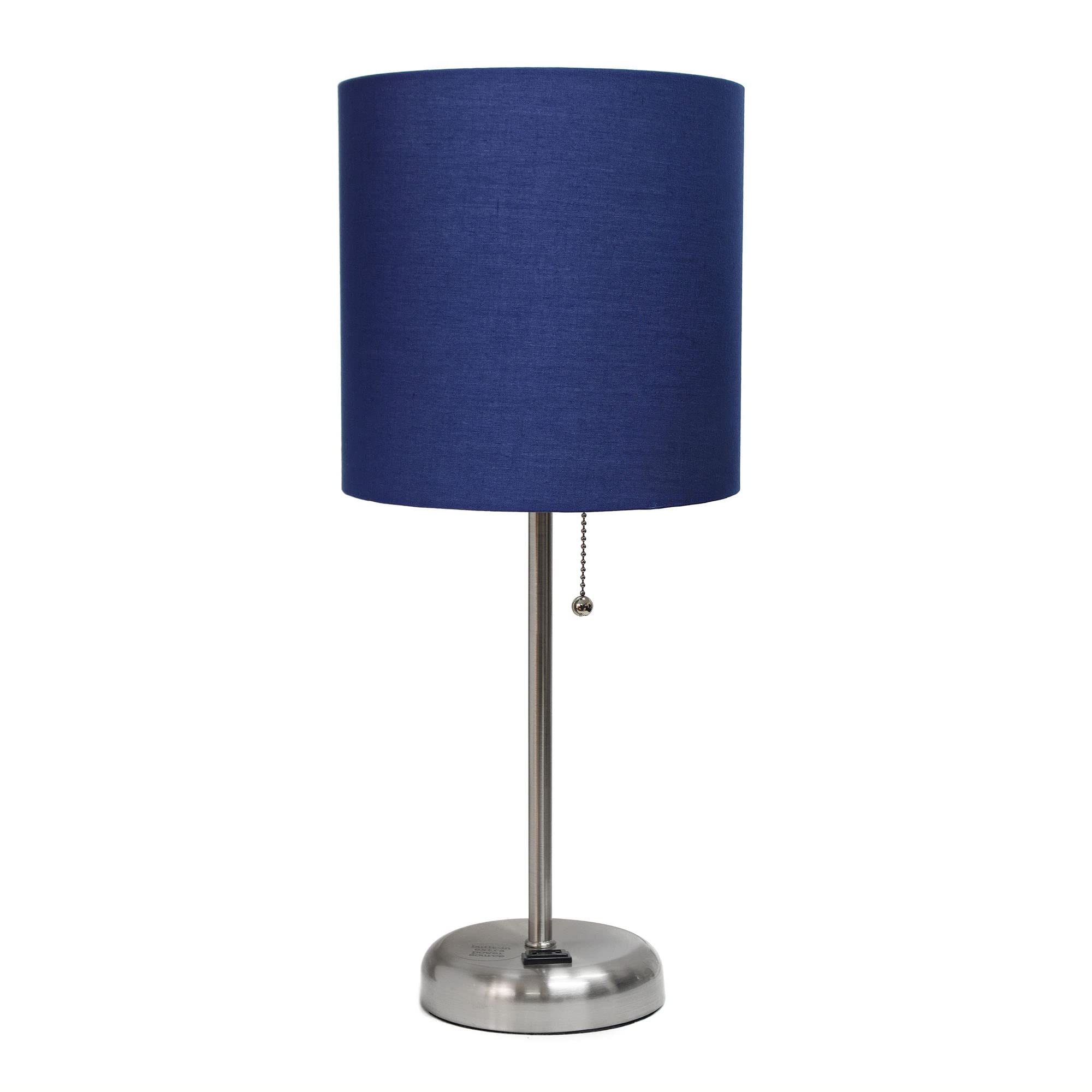 Creekwood Home Oslo 19.5" Contemporary Bedside Power Outlet Base Standard Metal Table Desk Lamp In Brushed Steel With Navy Blue Drum Fabric Shade
